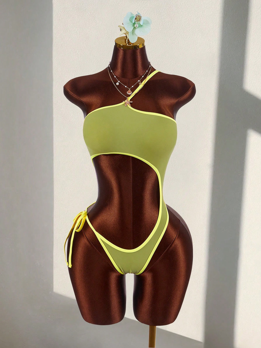 Amplova Women's One-Piece Backless Swimsuit With Cutout Waist,Olive Green,Summer,Cute,Beach,Contrast Color, &