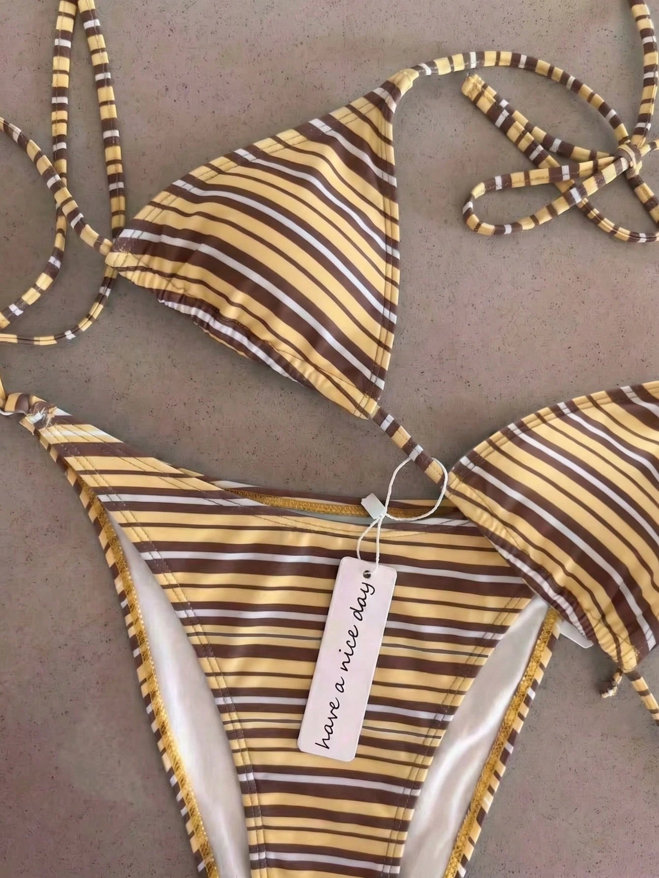 Vintage Orange Striped Halter Neck Swimsuit Set, Sexy Push-Up High