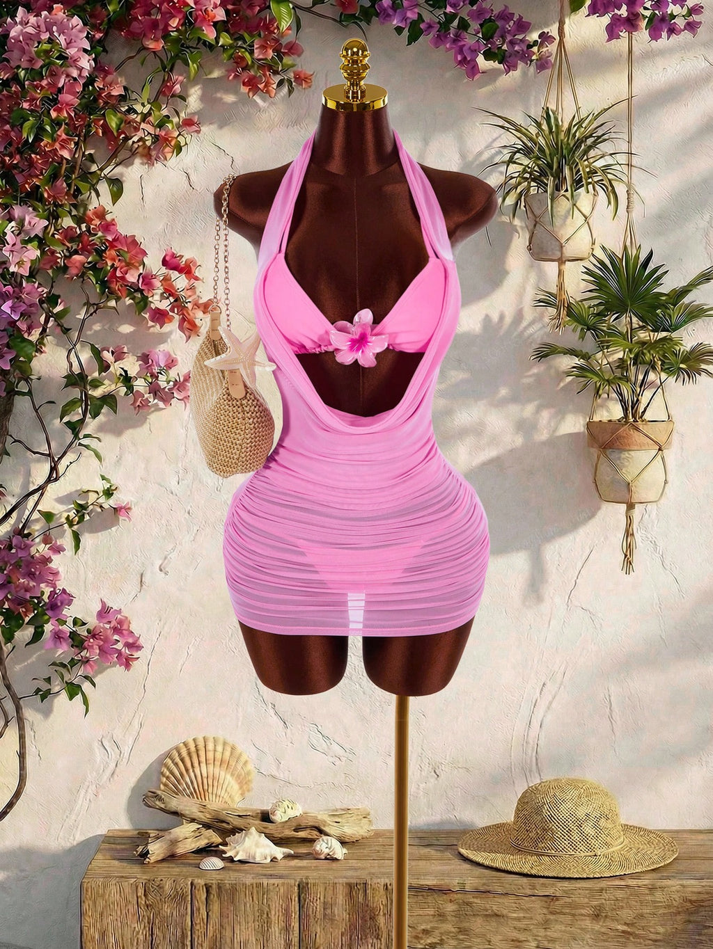 Amplova 3pcs Women's Swimwear Set, Draped Neck Cover Up With Includes Floral Fro