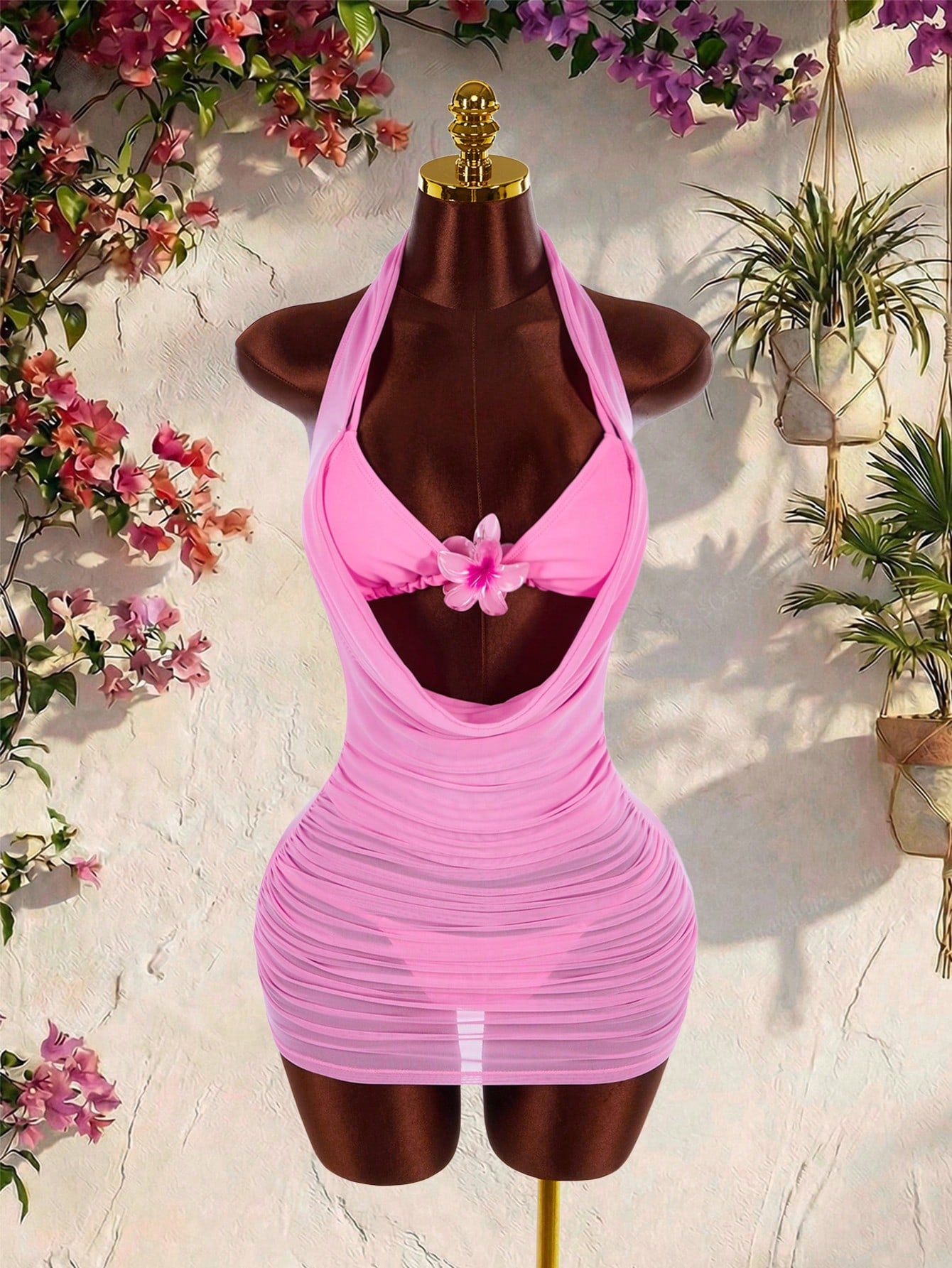 Amplova 3pcs Women's Swimwear Set, Draped Neck Cover Up With Includes Floral Fro