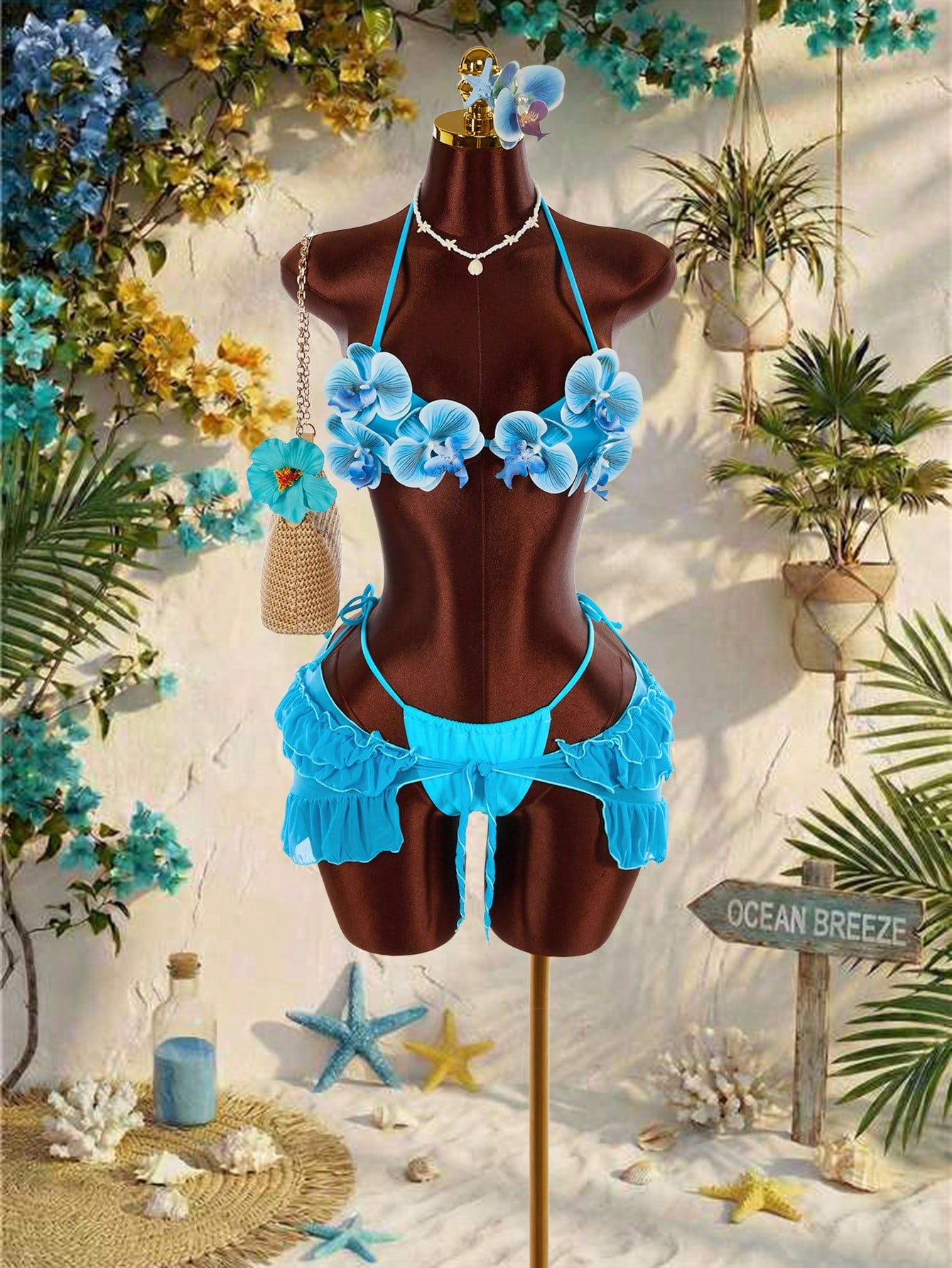 Amplova Women's 3-Piece Swimwear Set With 3D Floral Butterfly Orchid