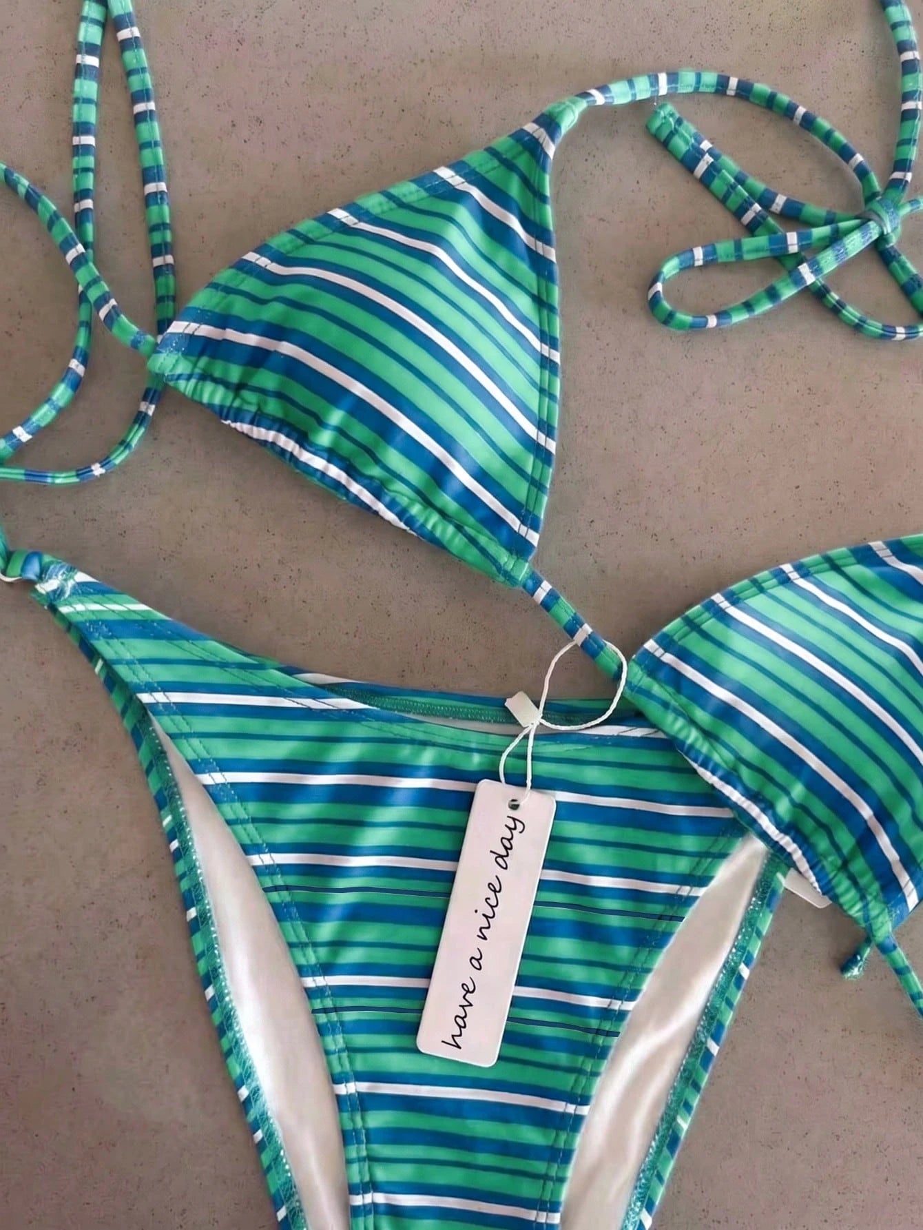 Retro Navy Blue & Black Striped Spaghetti Strap Tie Bikini Set, Sexy