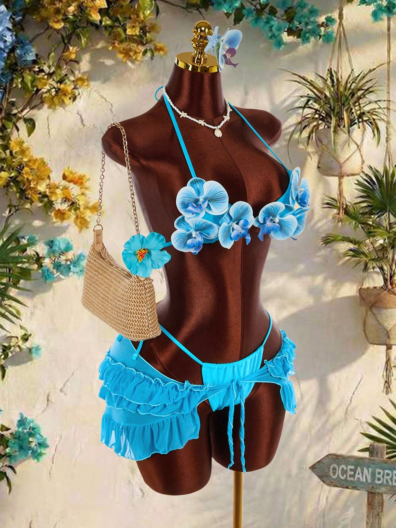Amplova Women's 3-Piece Swimwear Set With 3D Floral Butterfly Orchid