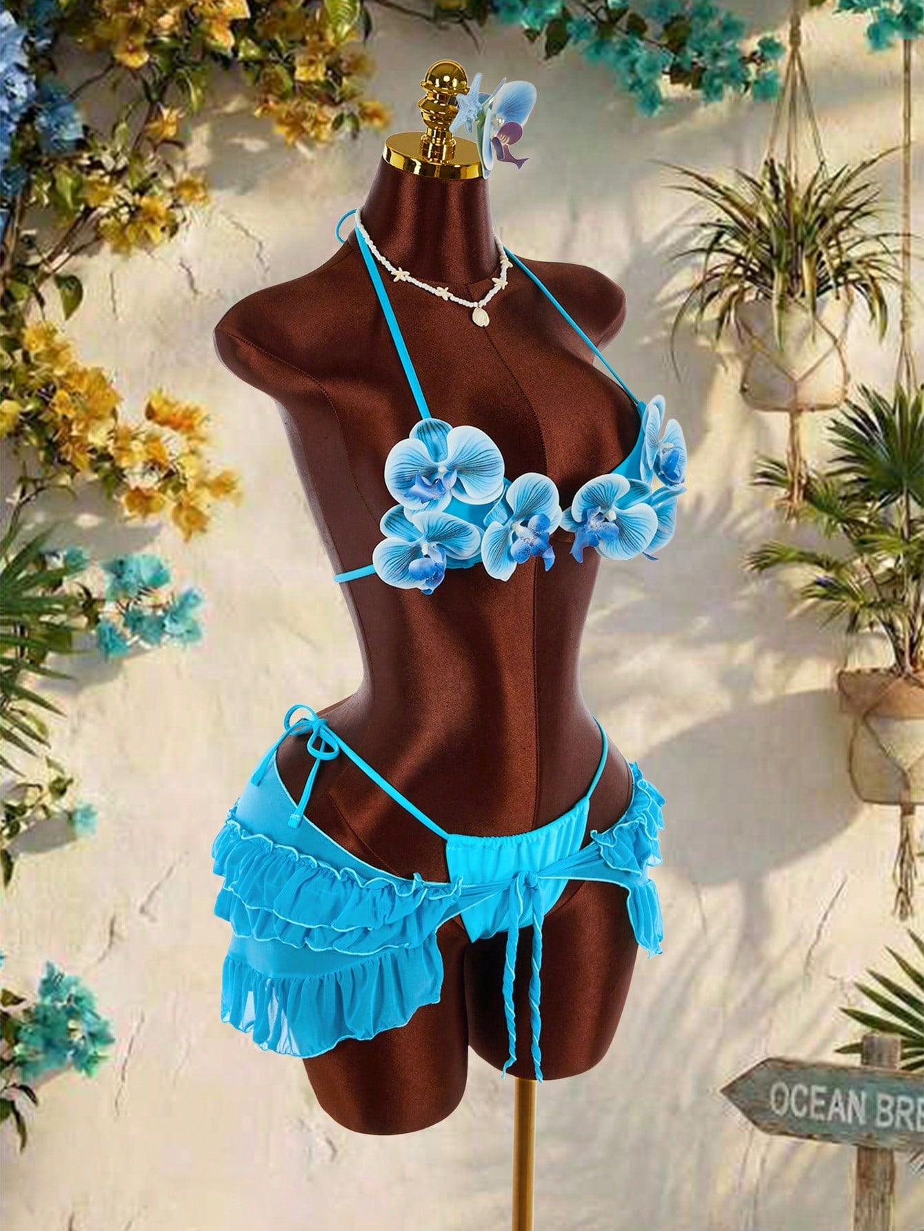Amplova Women's 3-Piece Swimwear Set With 3D Floral Butterfly Orchid