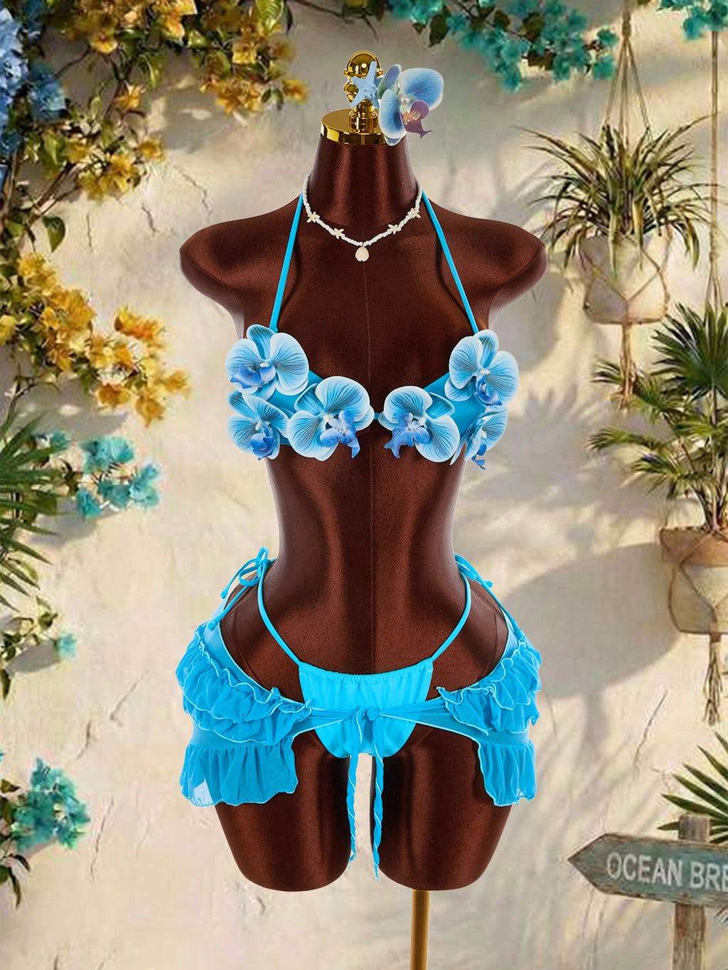 Amplova Women's 3-Piece Swimwear Set With 3D Floral Butterfly Orchid