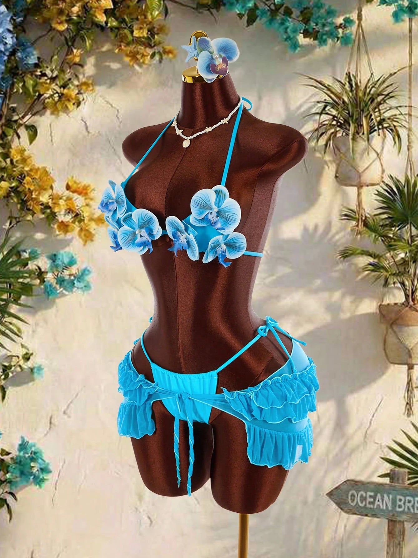 Amplova Women's 3-Piece Swimwear Set With 3D Floral Butterfly Orchid