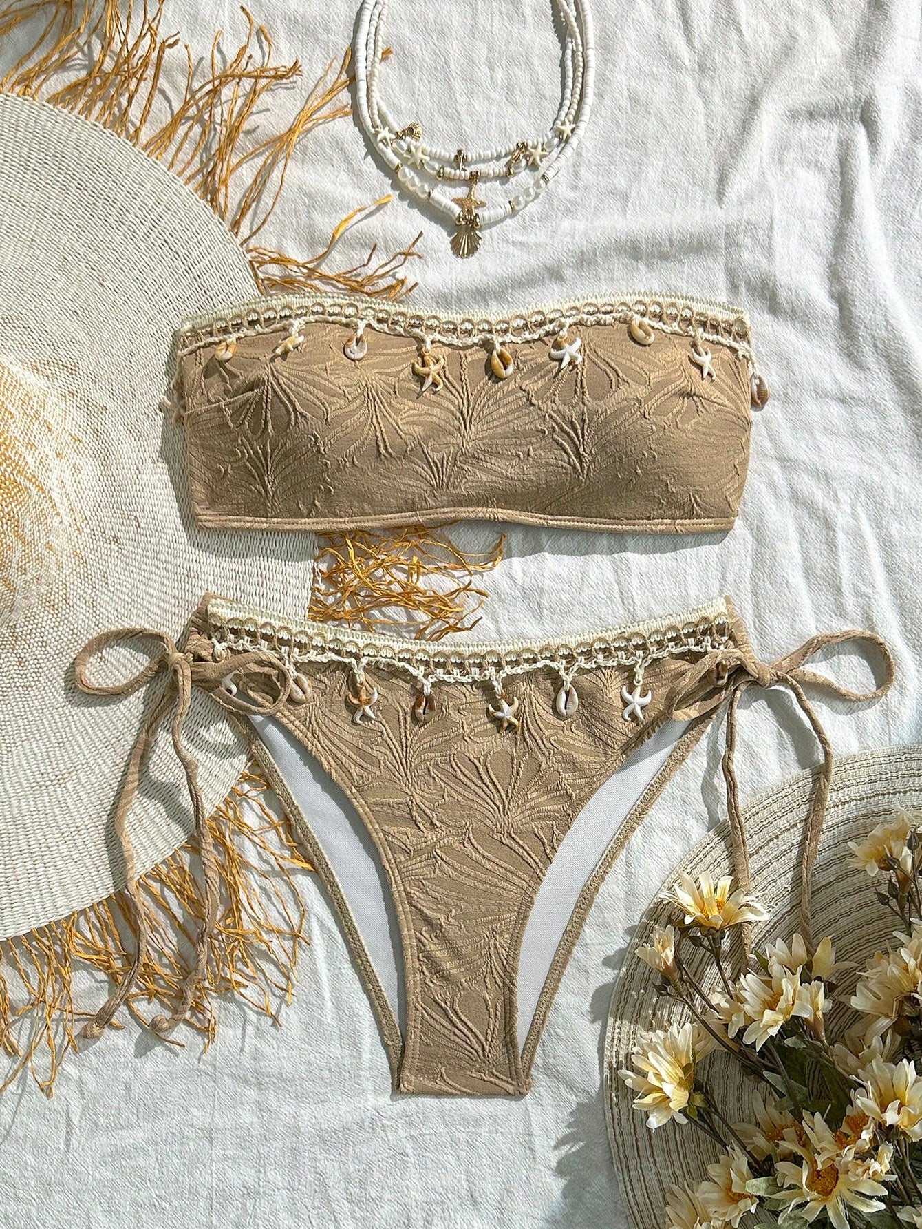Swim Mod Women's Embroidered Tassel Patchwork Starfish & Shell Decor