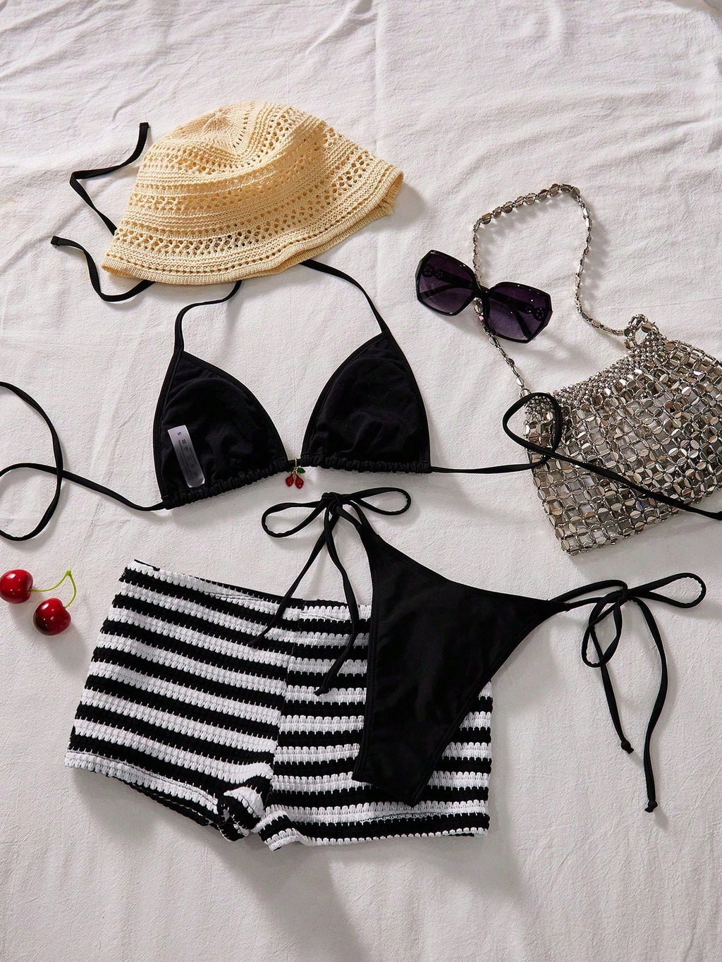 Women's 3-Piece Beach Bikini Set, Fashion Sexy Solid Color Metal