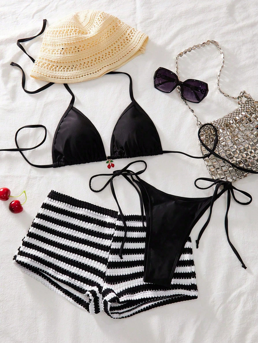 Women's 3-Piece Beach Bikini Set, Fashion Sexy Solid Color Metal