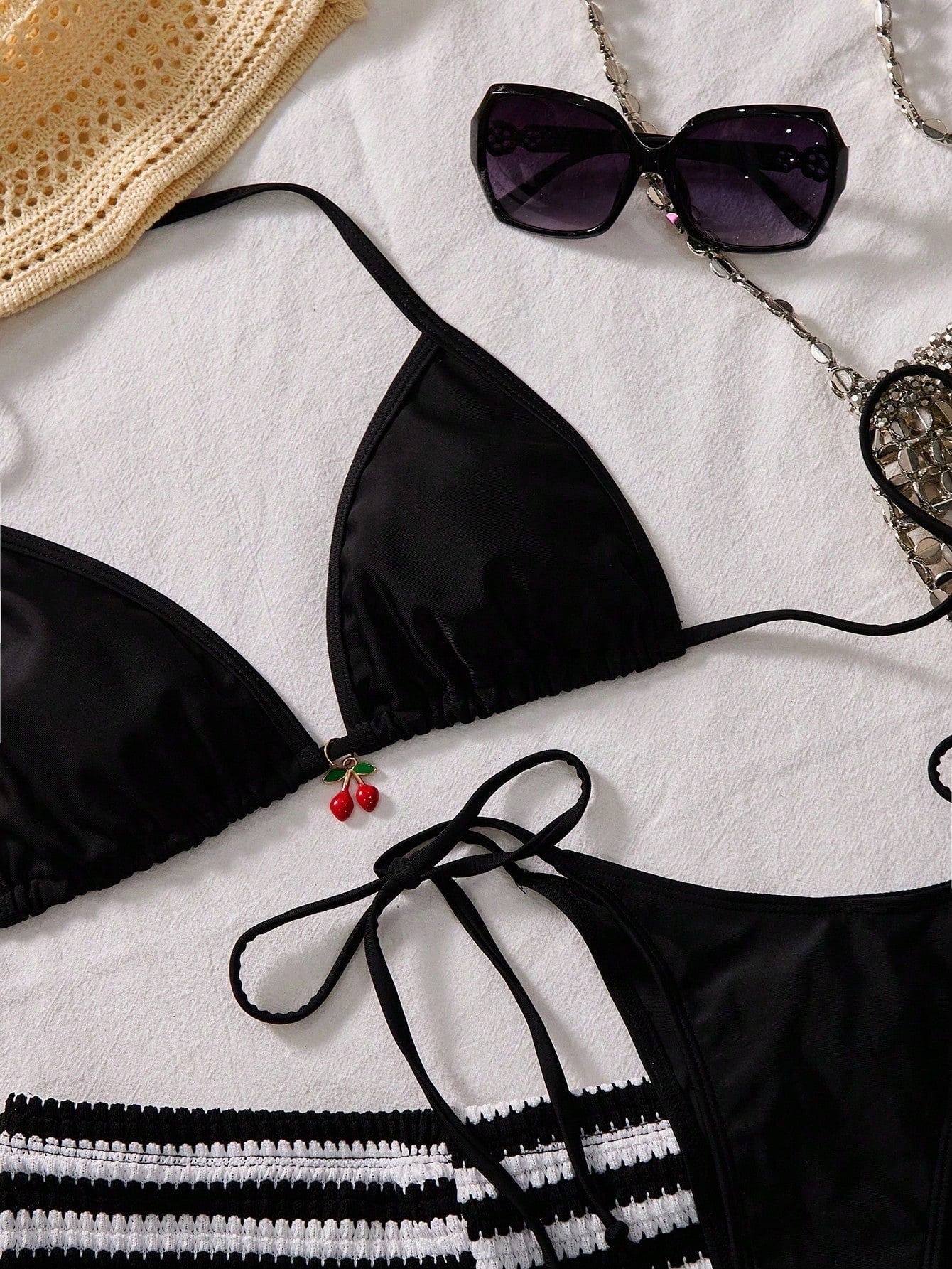 Women's 3-Piece Beach Bikini Set, Fashion Sexy Solid Color Metal