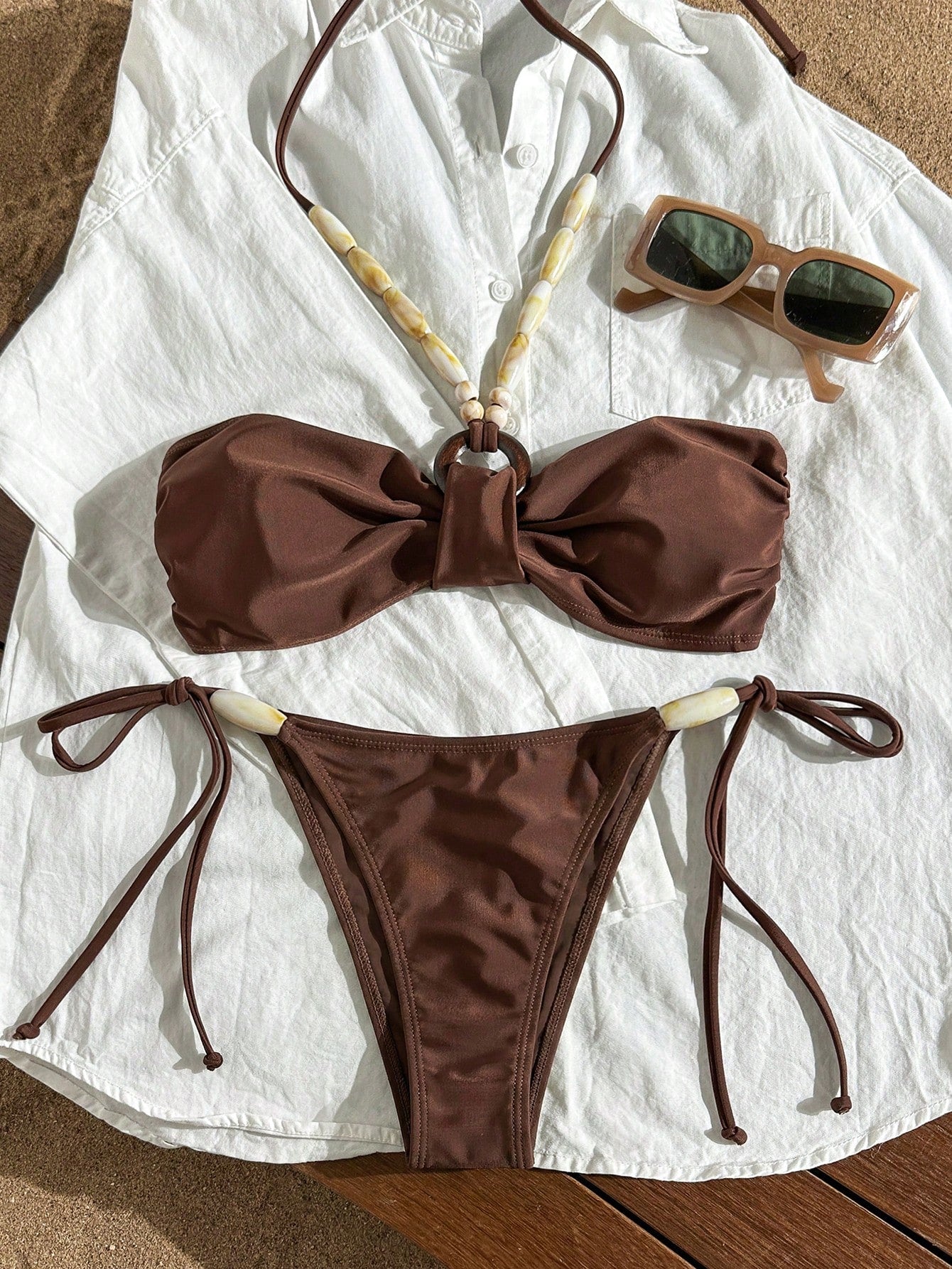 Swim Chiccia Women's Solid Color Bikini Set, Bohemian Beaded Halter