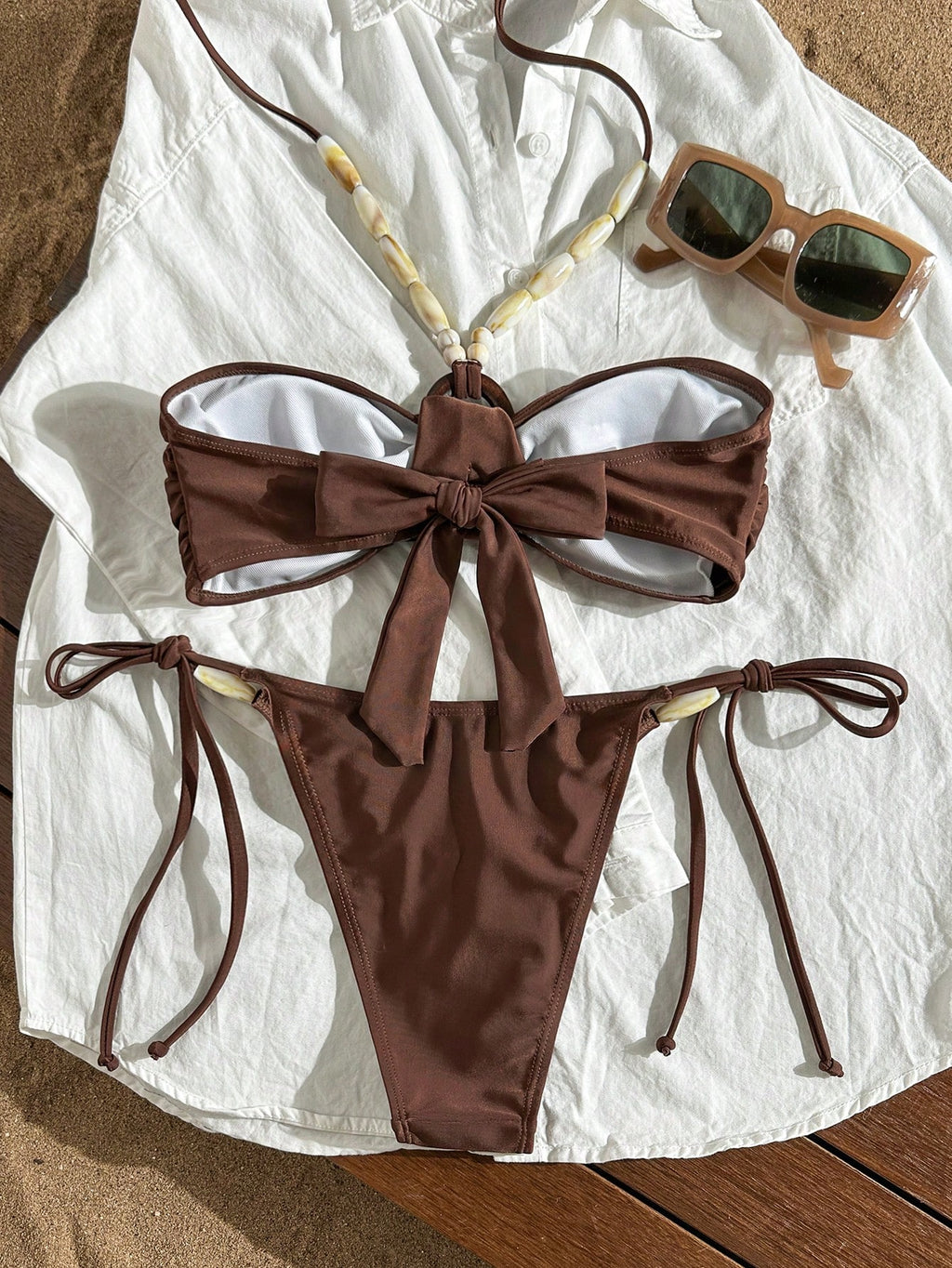 Swim Chiccia Women's Solid Color Bikini Set, Bohemian Beaded Halter