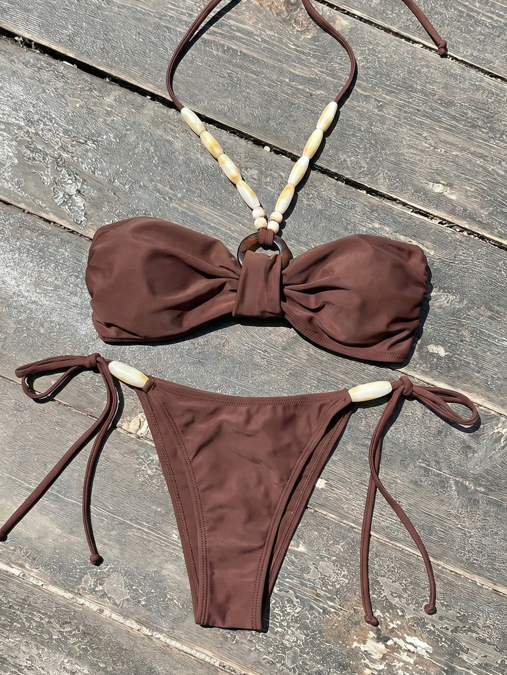 Swim Chiccia Women's Solid Color Bikini Set, Bohemian Beaded Halter