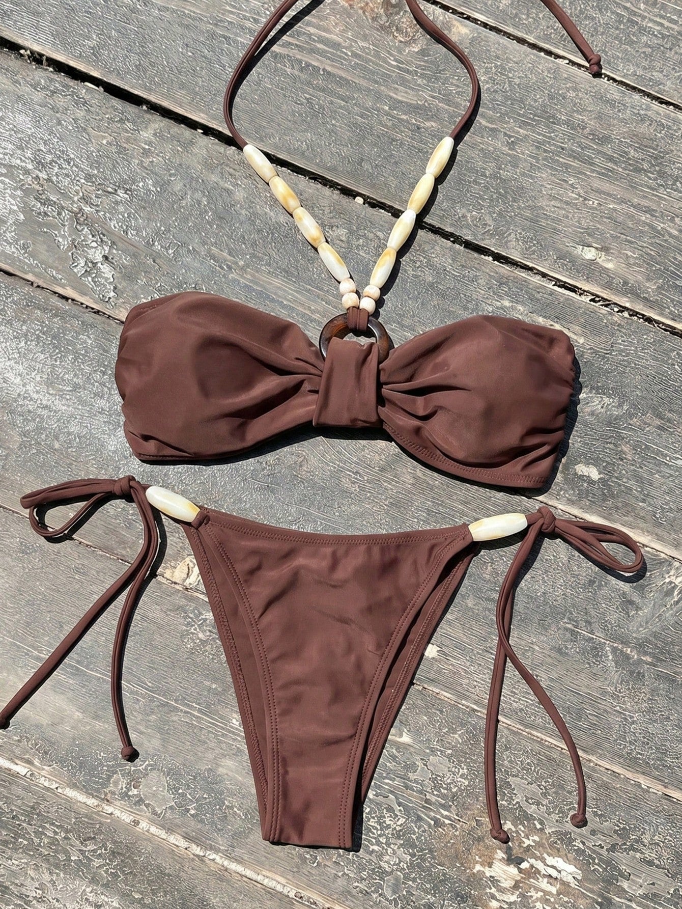 Swim Chiccia Women's Solid Color Bikini Set, Bohemian Beaded Halter