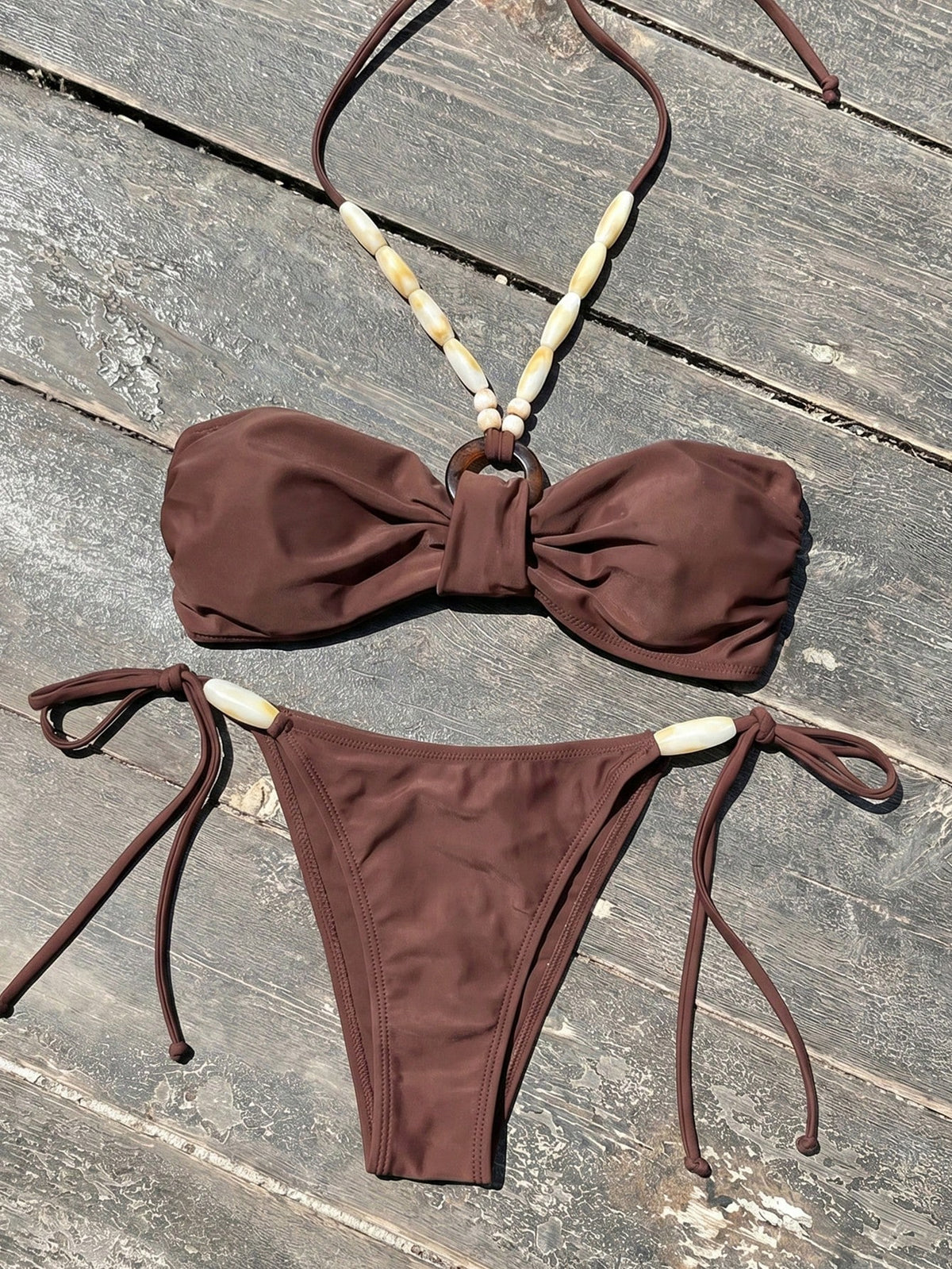 Swim Chiccia Women's Solid Color Bikini Set, Bohemian Beaded Halter Design, Waist Tie, Suitable For Beach - image 6