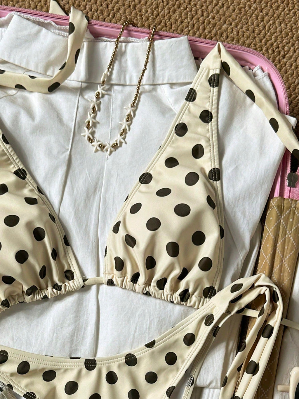 2pcs Polka Dot Elegant Halter Backless Bikini Top With Waist Tie