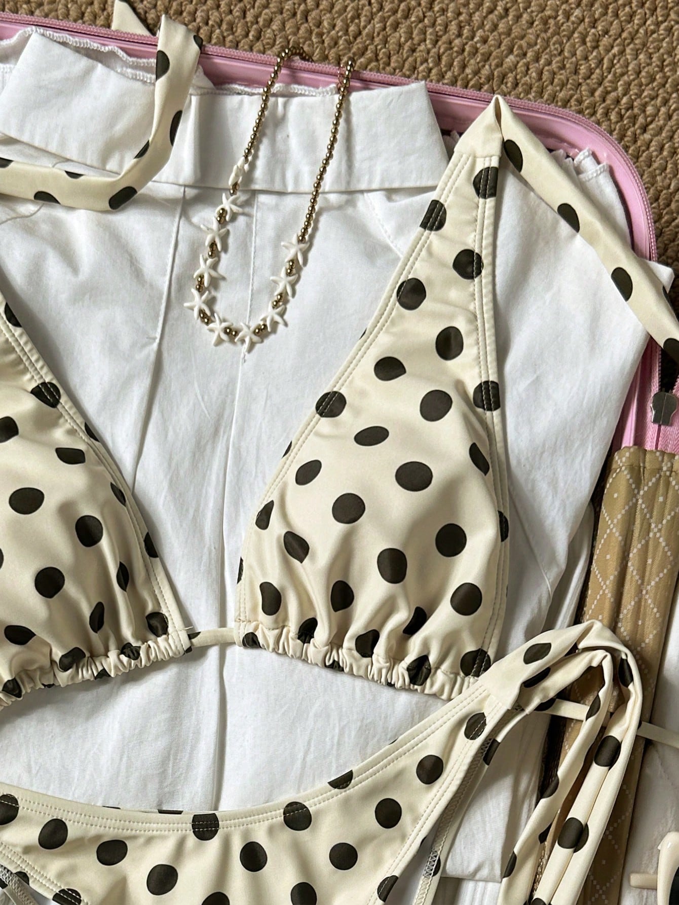 2pcs Polka Dot Elegant Halter Neck Back Tie Open Back Swimwear Top