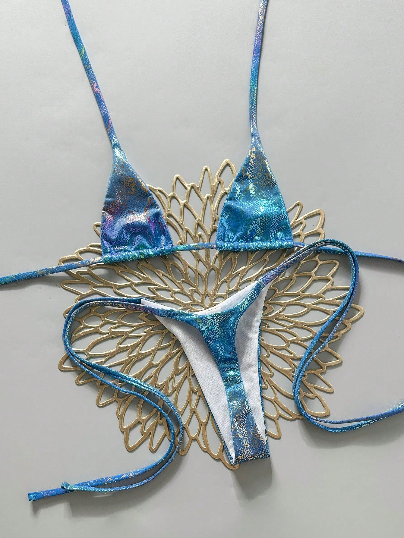 Swim Vcay Swim 2pcs/Set Snake Skin Textured Halter Triangle Bikini,Metallic Baby