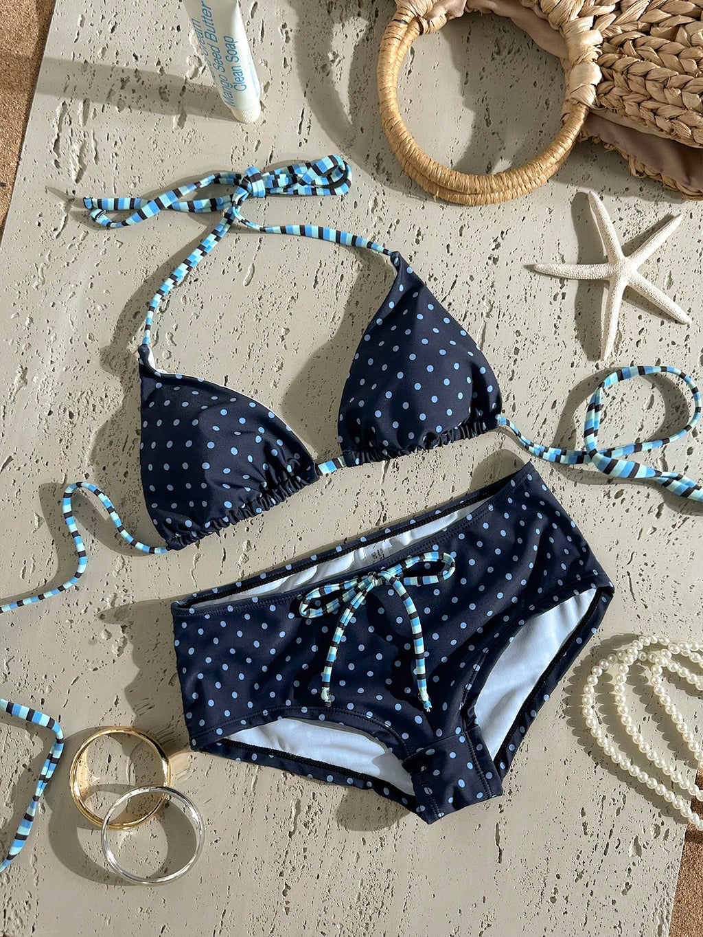 Swim Mod 2026SS New Women's Swimwear Navy Blue Polka Dot Bikini Sets,Summer Tropical Holiday Vacation,Vintage - image 9