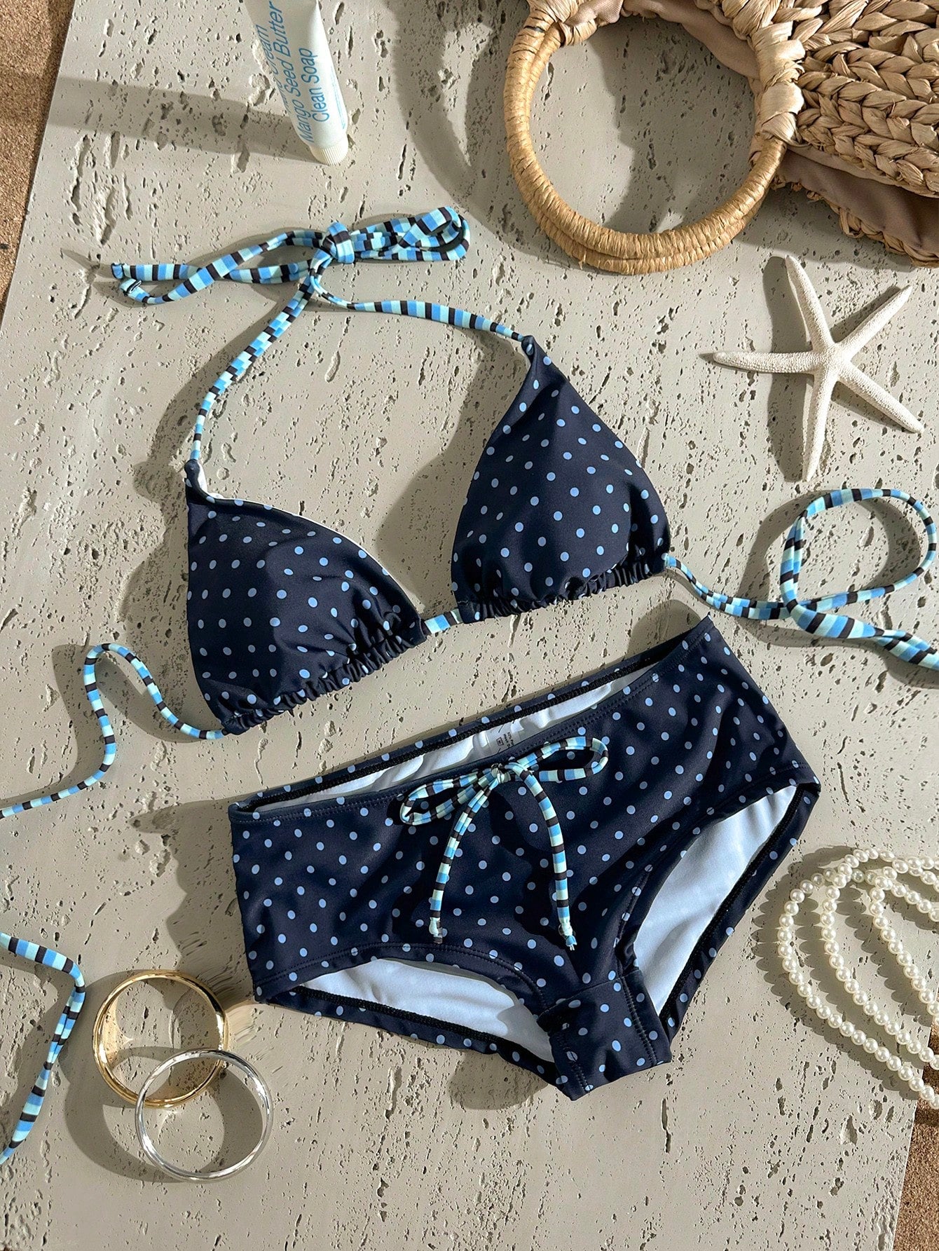 Swim Mod 2026SS New Women's Swimwear Navy Blue Polka Dot Bikini Sets,Summer Tropical Holiday Vacation,Vintage - image 9