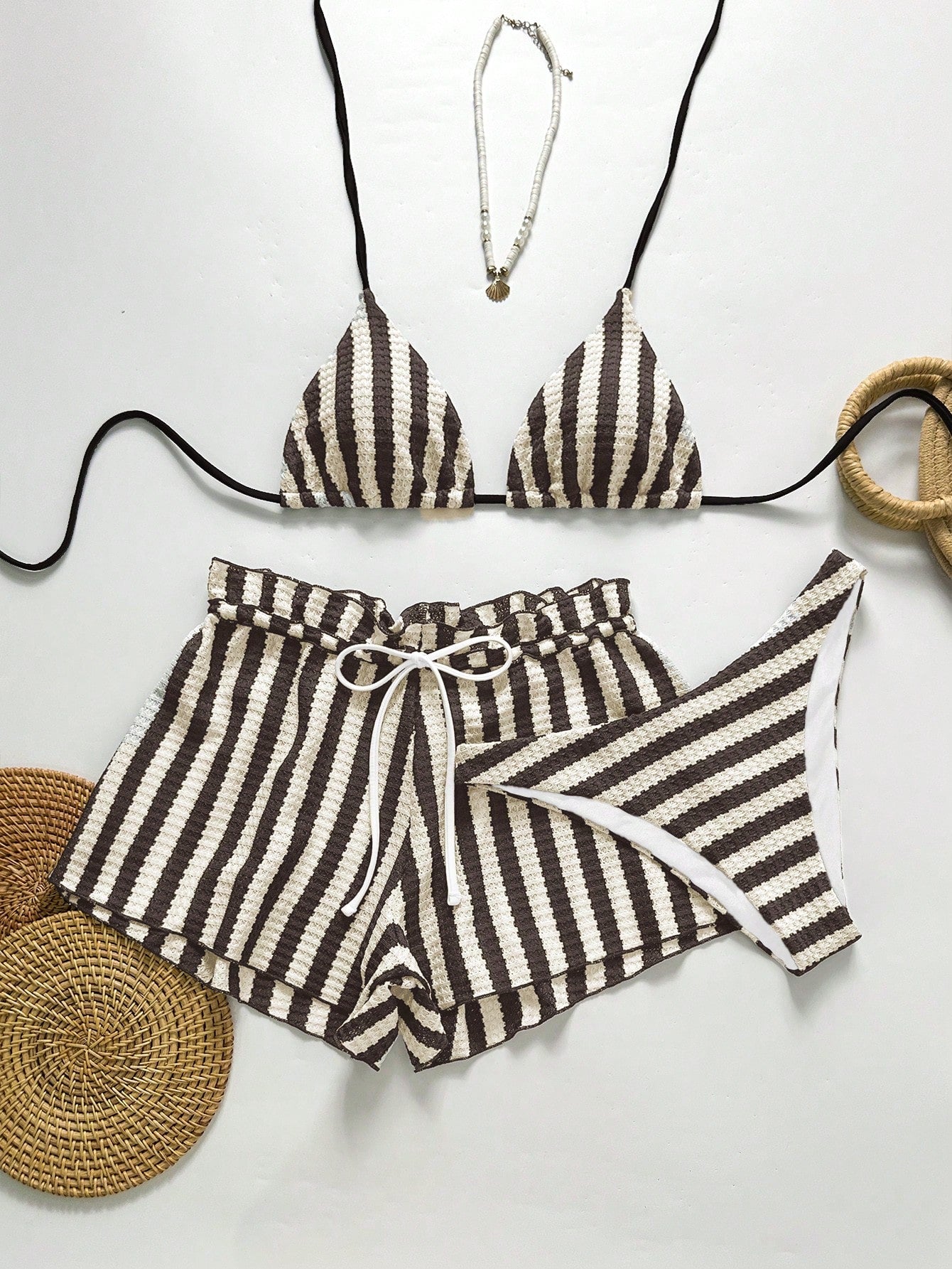 Swim Chiccia Women's Black And White Striped 3 Pieces Beach Set, Halter Tie Bikini Swimwear With - image 8