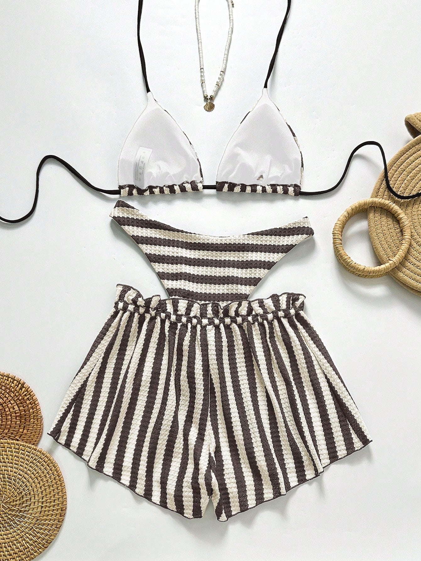 Swim Chiccia Women's Black And White Striped 3 Pieces Beach Set, Halter Tie Bikini Swimwear With - image 9