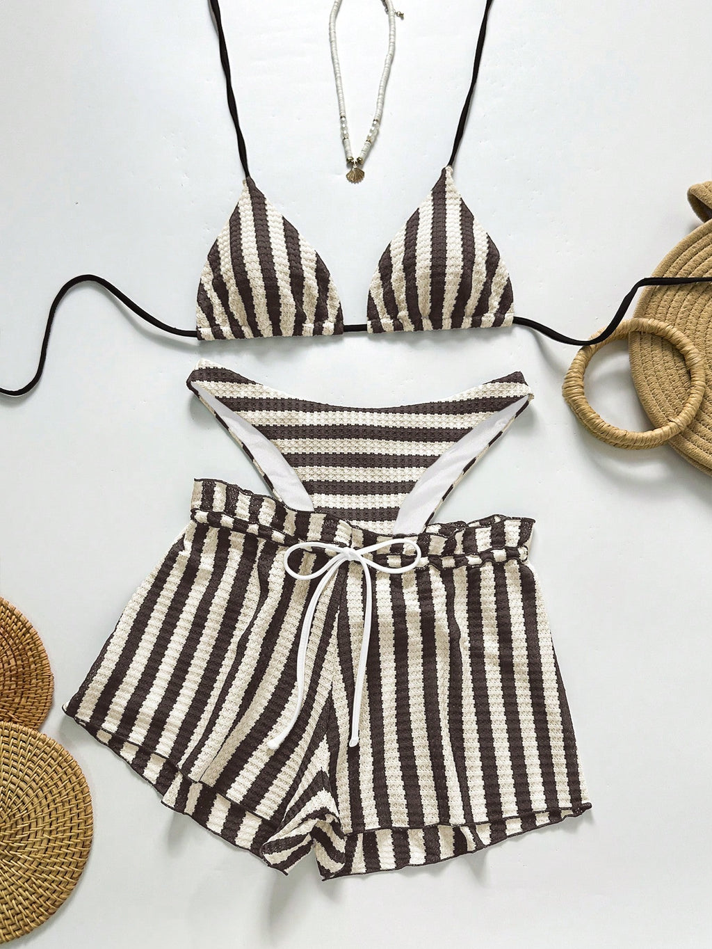 Swim Chiccia Women's Black And White Striped 3 Pieces Beach Set, Halter Tie Bikini Swimwear With - image 13