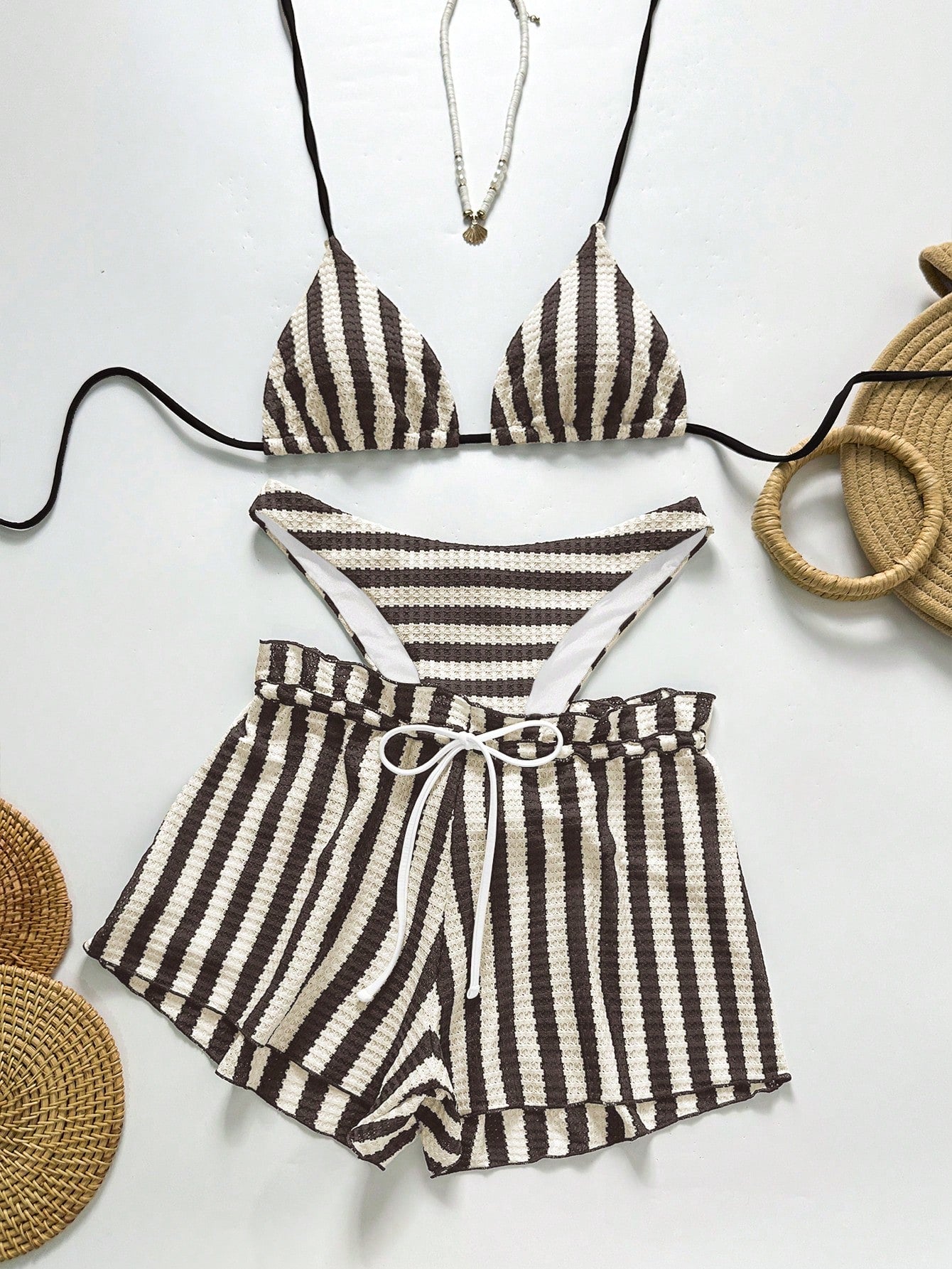 Swim Chiccia Women's Black And White Striped 3 Pieces Beach Set, Halter Tie Bikini Swimwear With - image 13