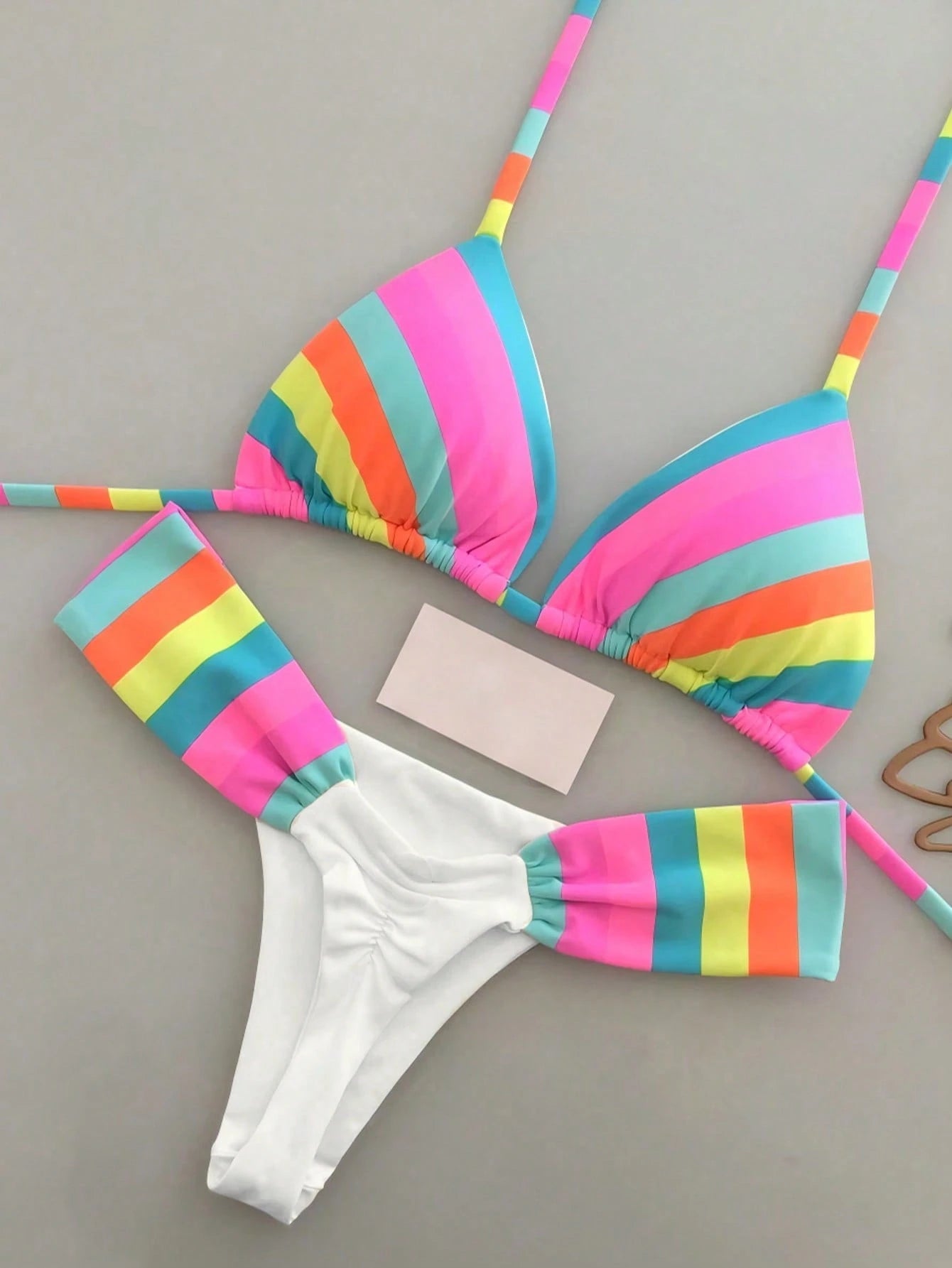 Vibrant Rainbow Striped Bikini Set, Spaghetti Strap Top With Ruffle Details, Cas