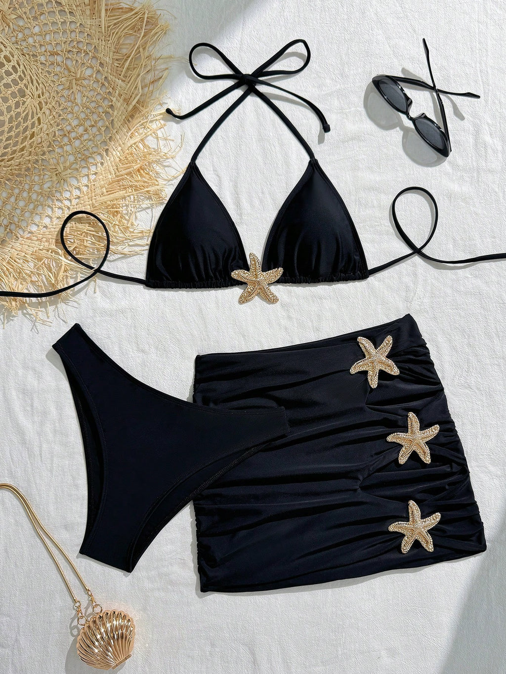 Summer 3pcs Starfish Halter Neck Bikini Set, Triangle Bikini Top, Sexy Star Back Tie Ruffle Backless Skirt, - image 9