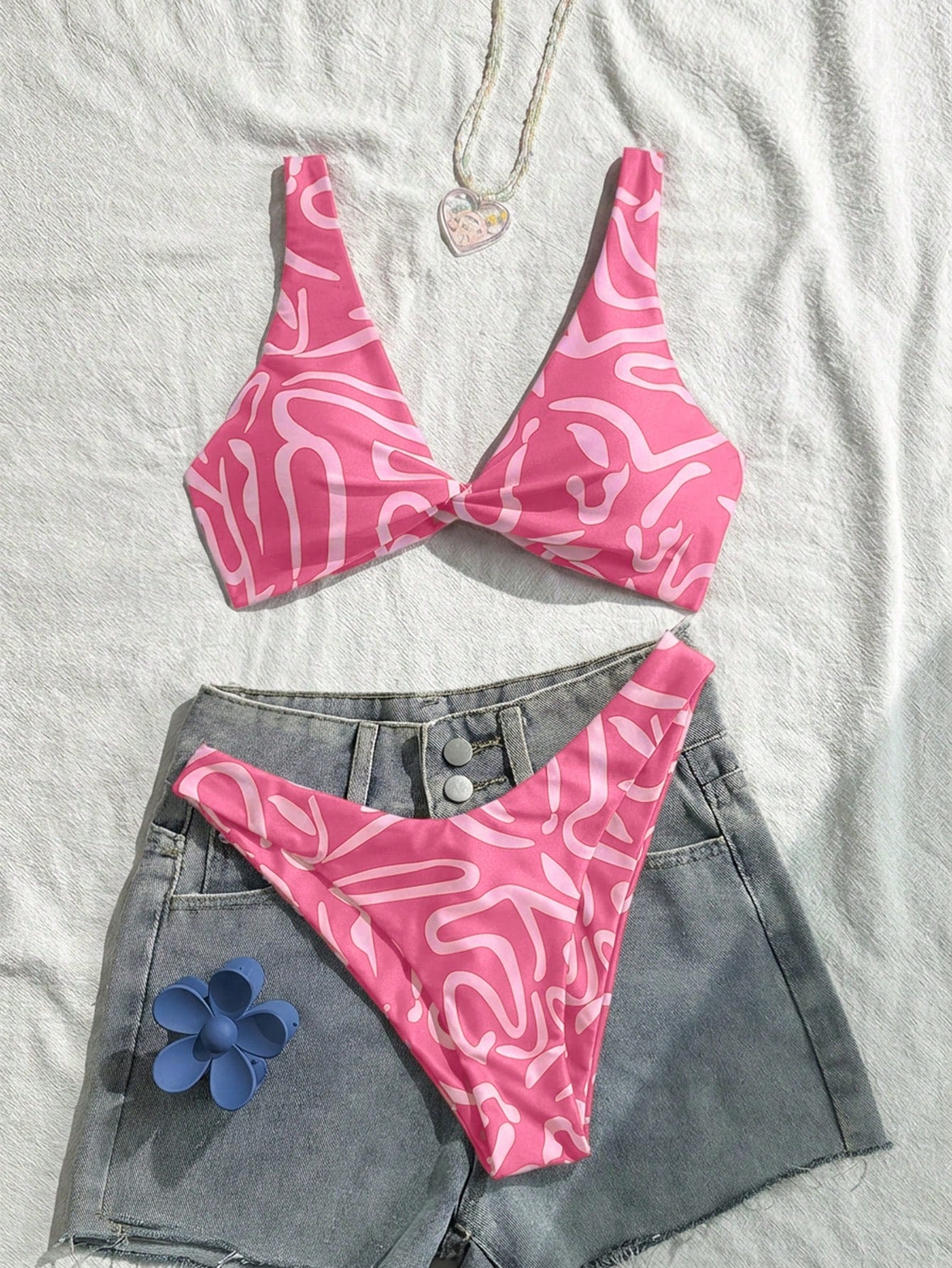 Swim Vcay Women Fashion Blue Floral Print Separate Swimwear Set, Sexy