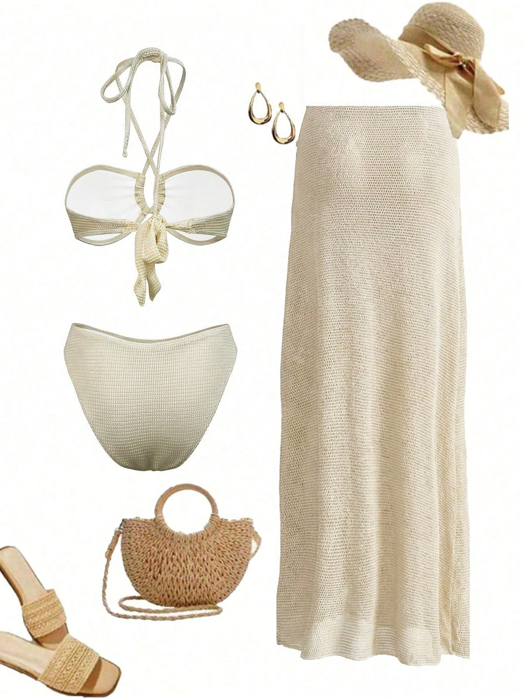 Elegant And Sexy Beige Women's Crochet Hollow Out Three Piece Bikini