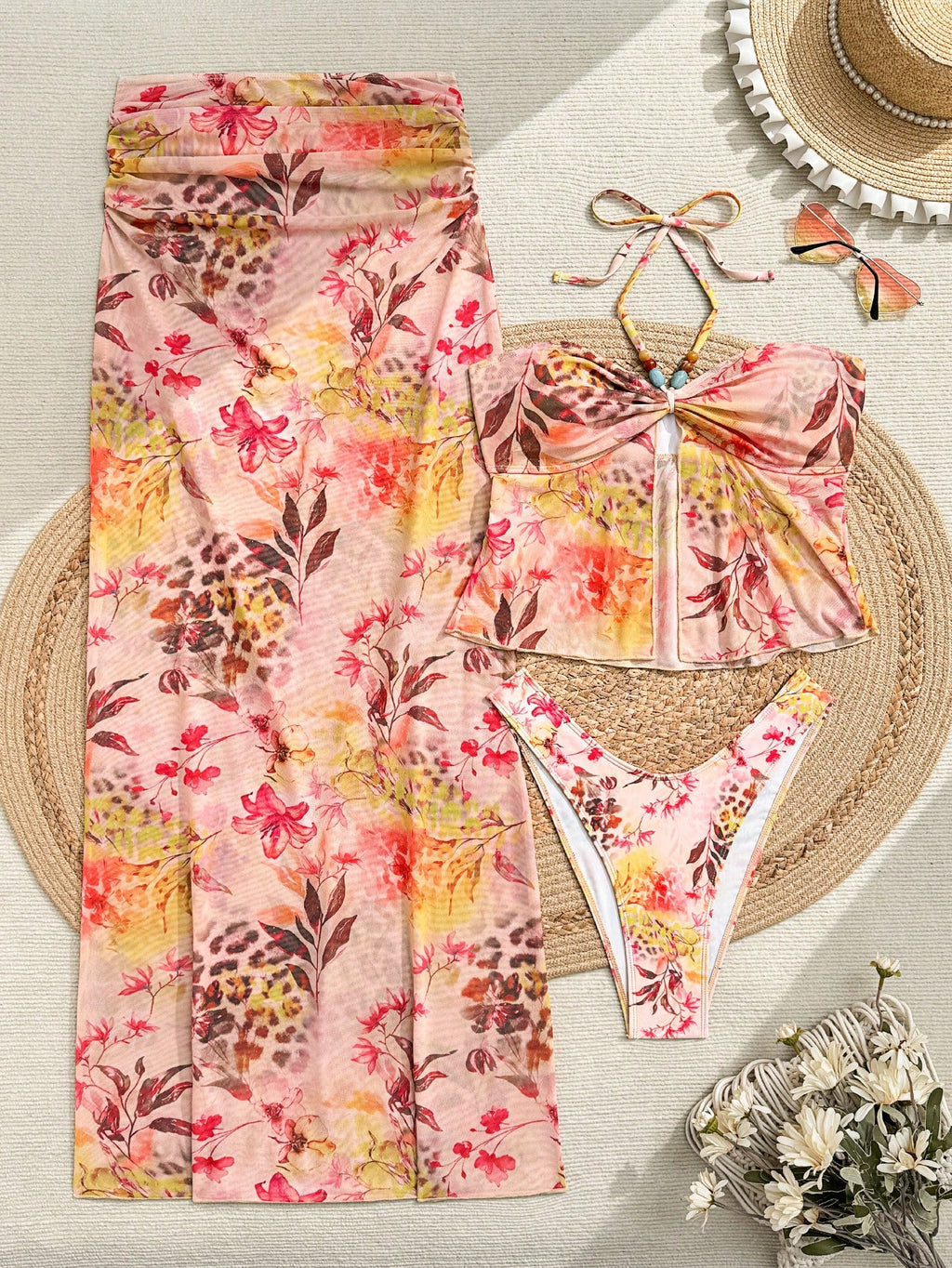 Bonvoyette Pink Summer Boho Beach Party Holiday Holiday 3-Piece Women