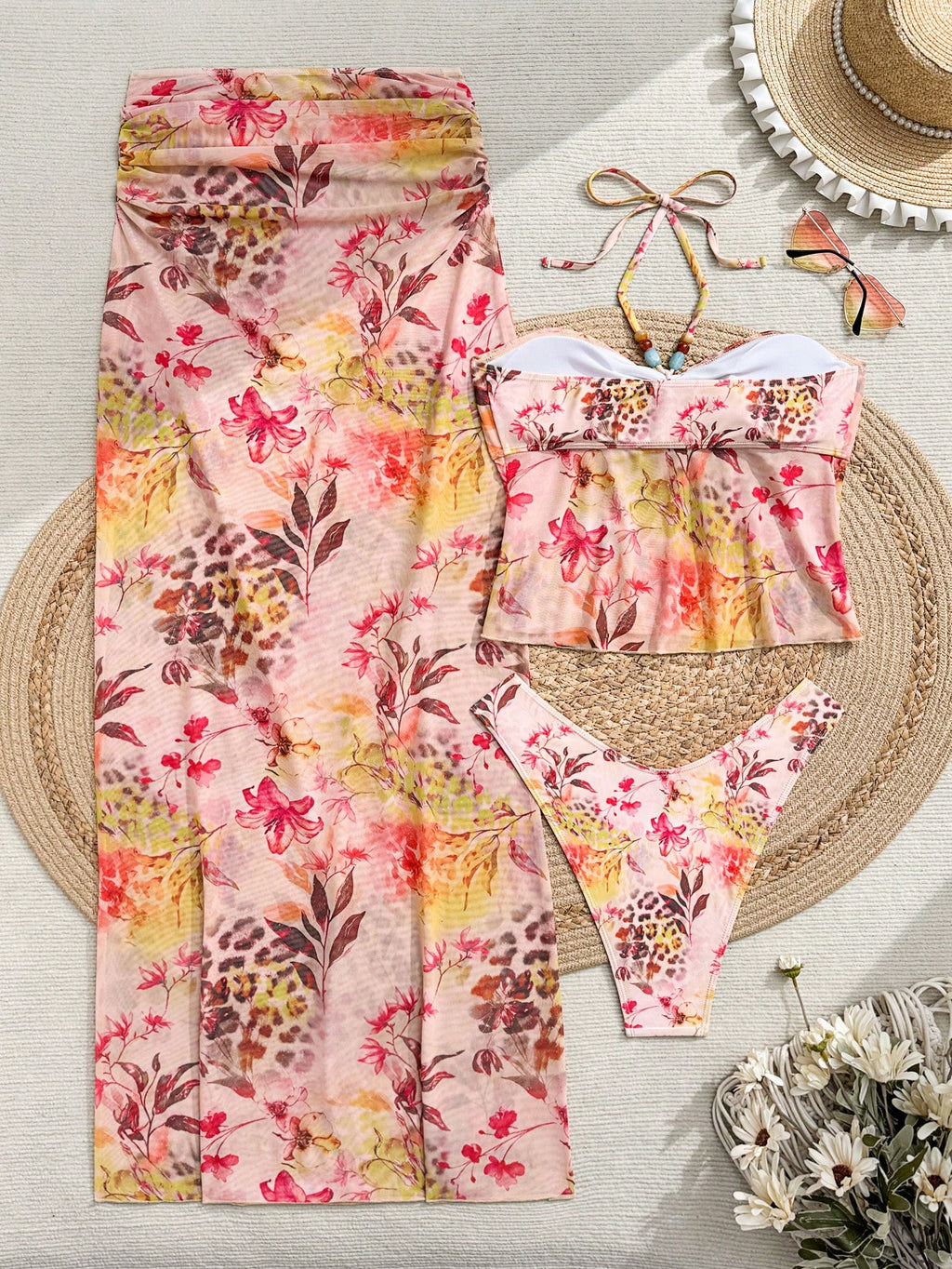 Bonvoyette Pink Summer Boho Beach Party Holiday Holiday 3-Piece Women