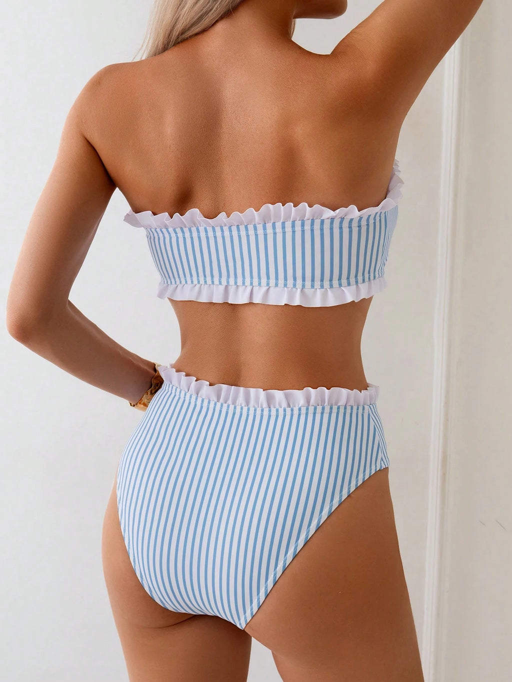 Swim Mod Spring/Summer Beach Vacation Striped Print 2 Pieces Set,