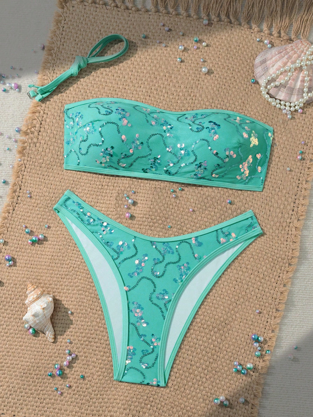 Costavie 2-Piece Floral Sequin Textured Bandeau Bikini Set, Sexy