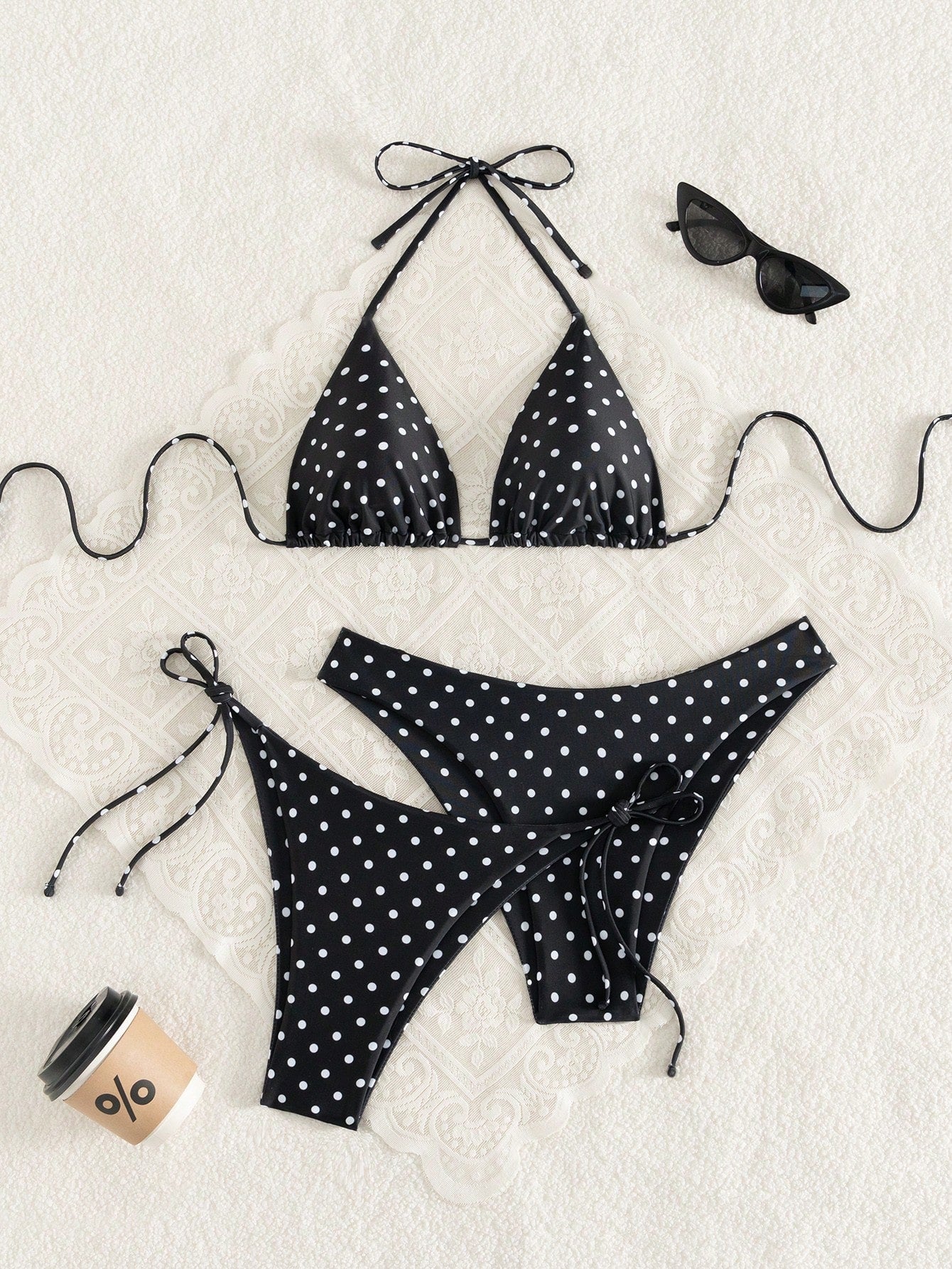 Swim Vcay Women's White With Black Polka Dots 3-Piece Set Triangle
