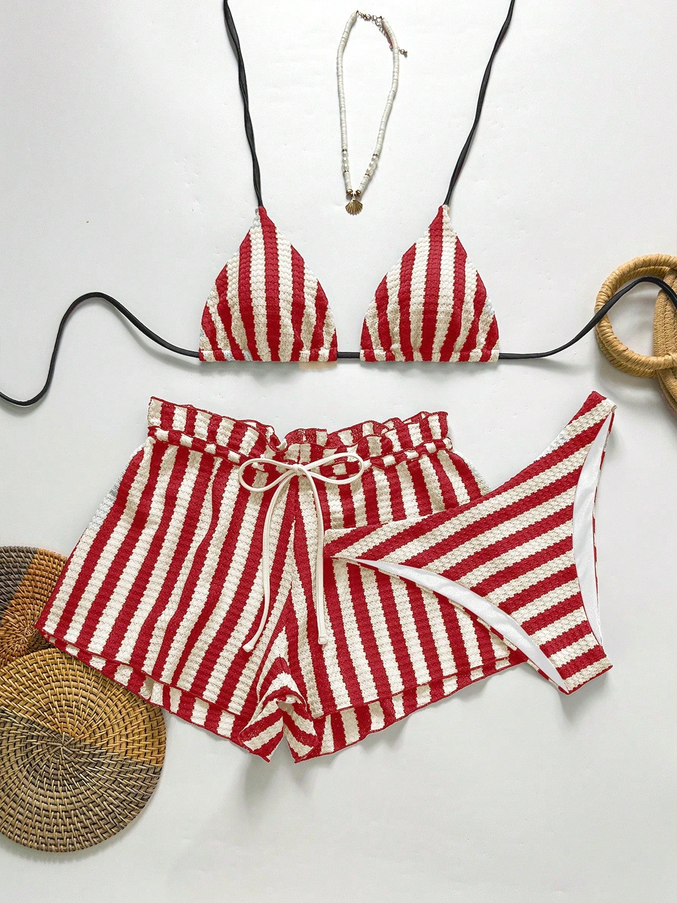 Swim Chiccia Women's Black And White Striped 3 Pieces Beach Set, Halter Tie Bikini Swimwear With - image 15