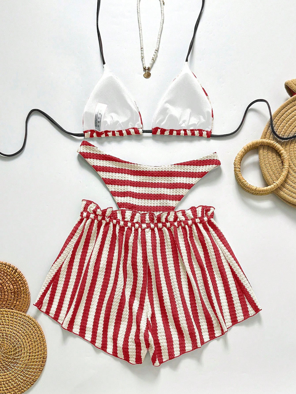 Swim Chiccia Women's Black And White Striped 3 Pieces Beach Set, Halter Tie Bikini Swimwear With - image 16