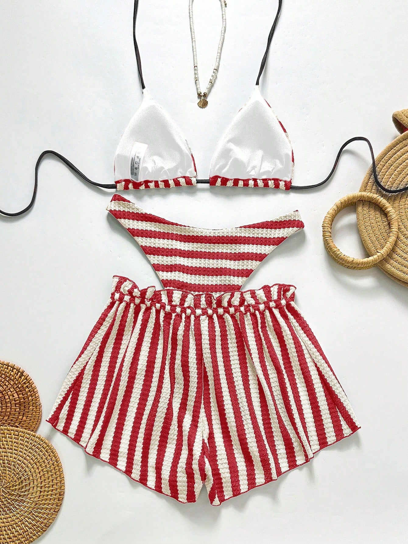 Swim Chiccia Women's Black And White Striped 3 Pieces Beach Set, Halter Tie Bikini Swimwear With - image 16