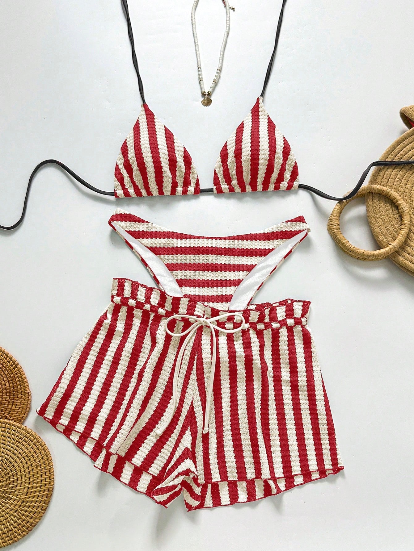 Swim Chiccia Women's Black And White Striped 3 Pieces Beach Set, Halter Tie Bikini Swimwear With - image 20