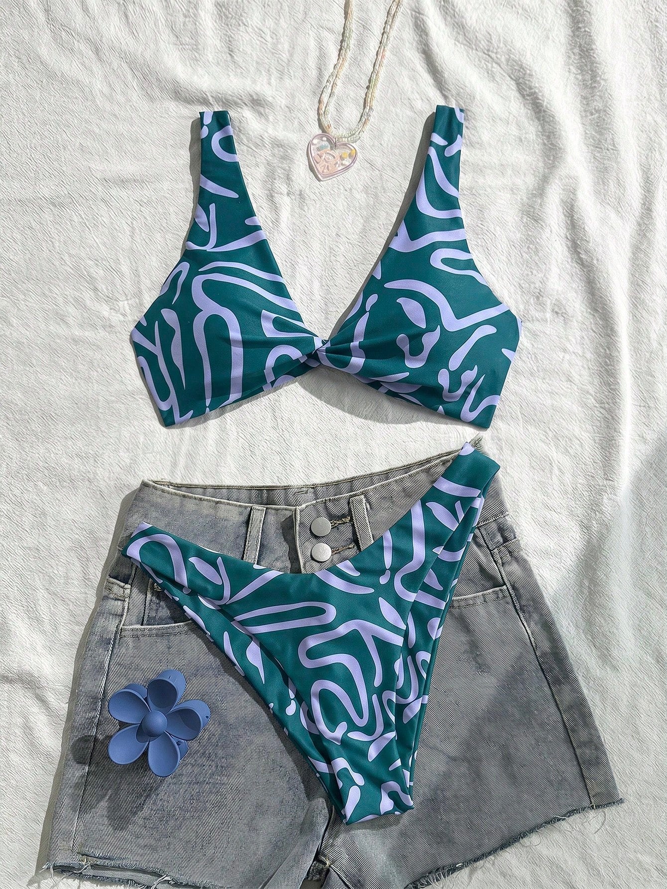 Swim Vcay Women Fashion Blue Floral Print Separate Swimwear Set, Sexy