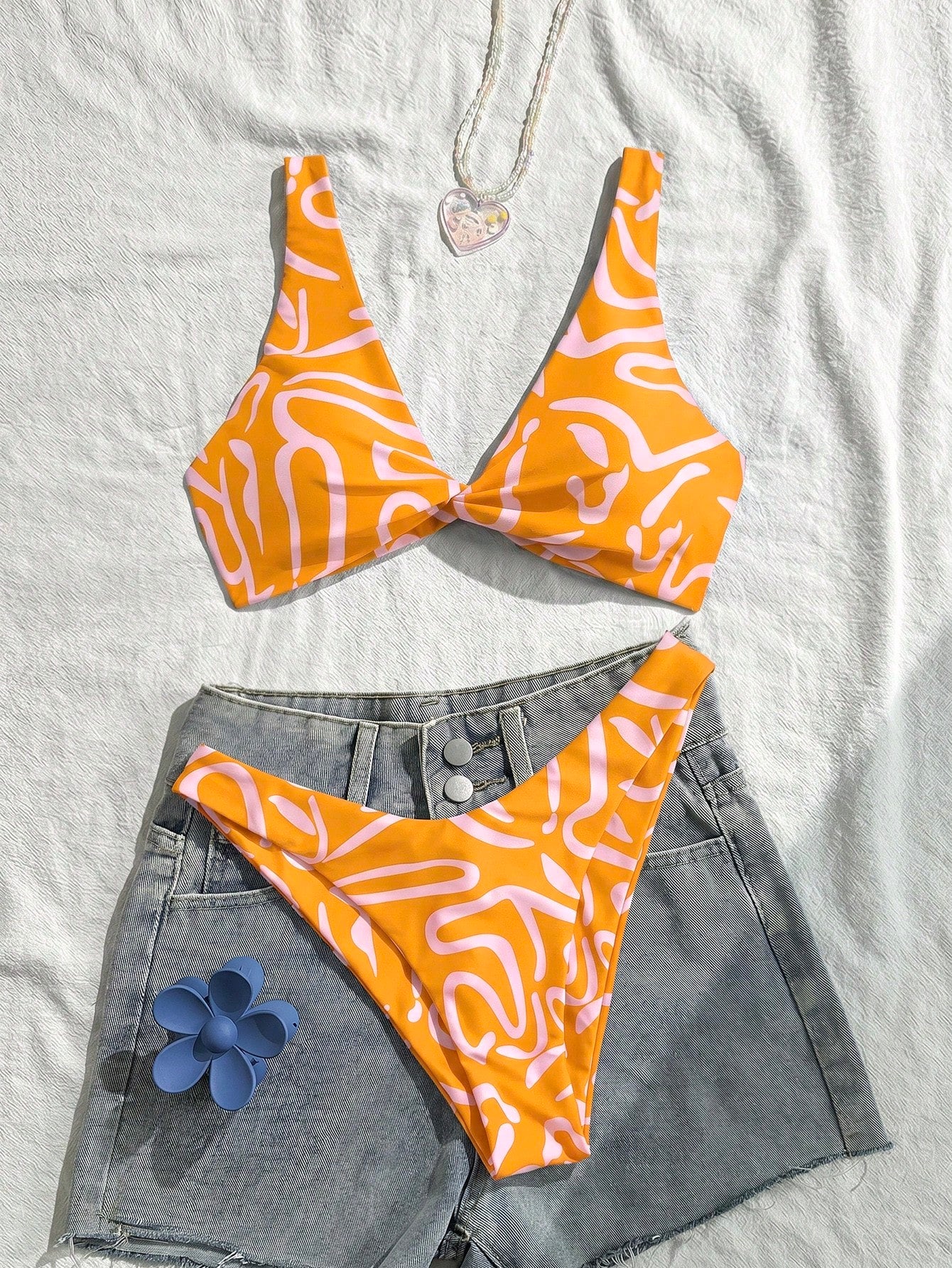 Swim Vcay Women Fashion Blue Floral Print Separate Swimwear Set, Sexy