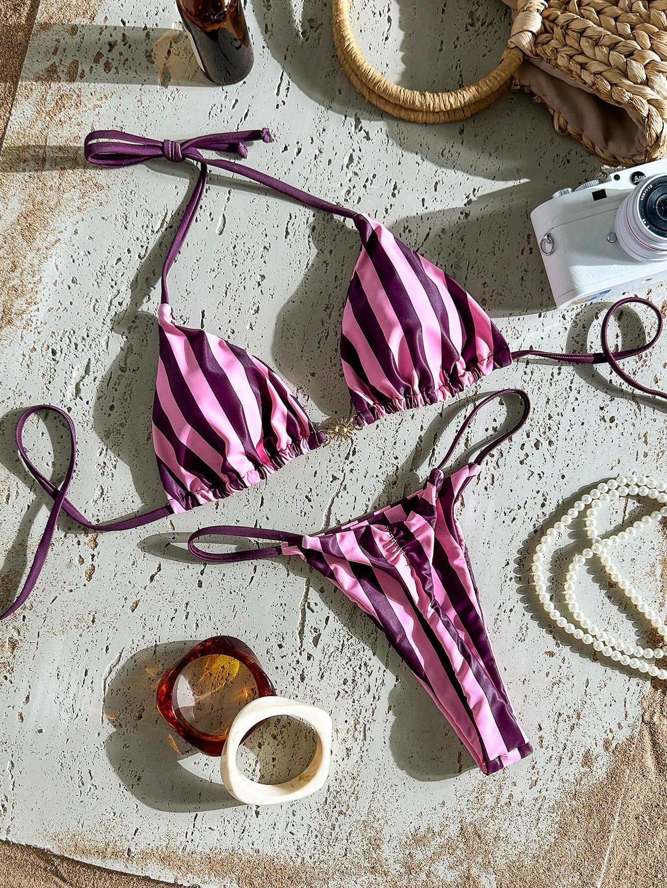 Swim Mod Multicolor Fabric Tropical Halter Bikini Set Knot Tie Side