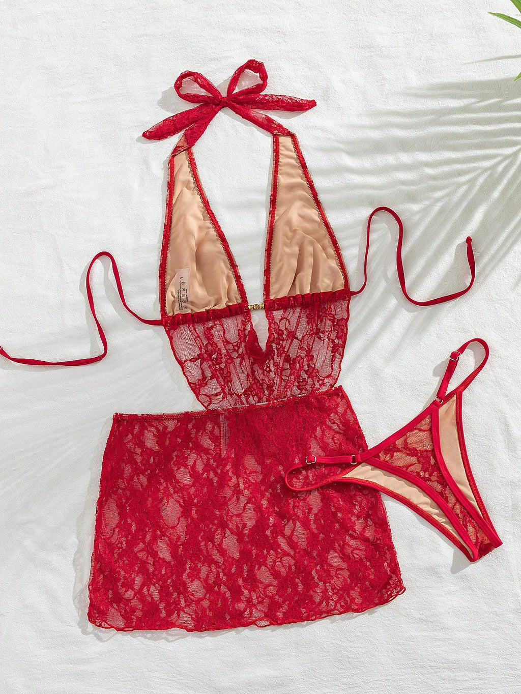 Swim SXY Women Red Summer Elegant Flowy Beach Holiday 3-Piece Bikini Set With La