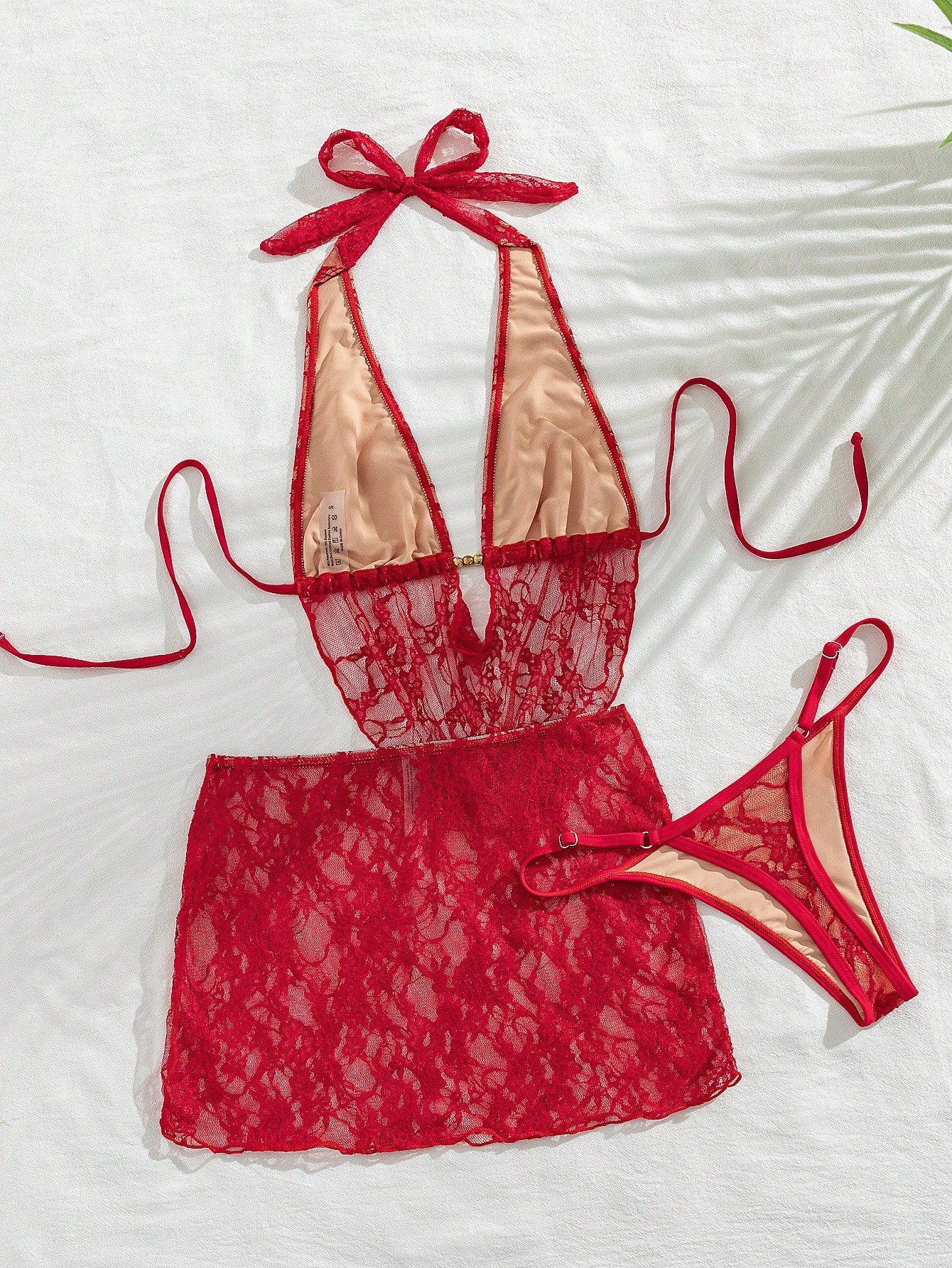 Swim SXY Women Red Summer Elegant Flowy Beach Holiday 3-Piece Bikini Set With La
