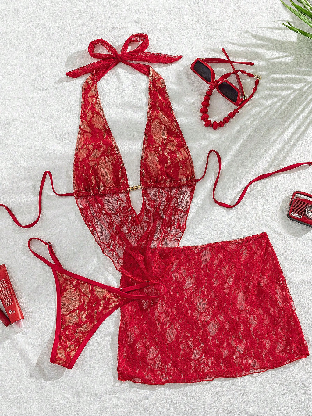 Swim SXY Women Red Summer Elegant Flowy Beach Holiday 3-Piece Bikini Set With La