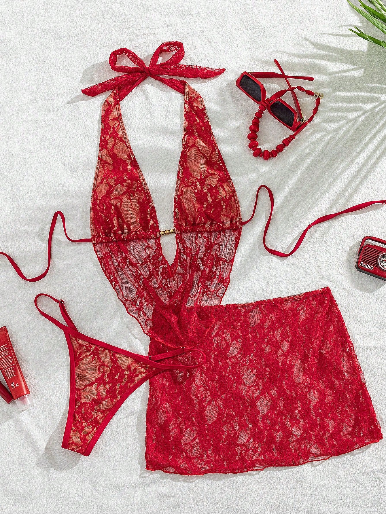Swim SXY Women Red Summer Elegant Flowy Beach Holiday 3-Piece Bikini Set With La