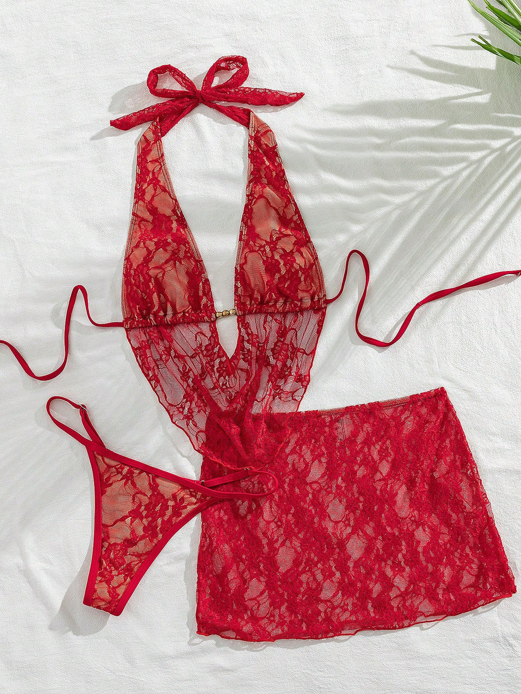 Swim SXY Women Red Summer Elegant Flowy Beach Holiday 3-Piece Bikini Set With La