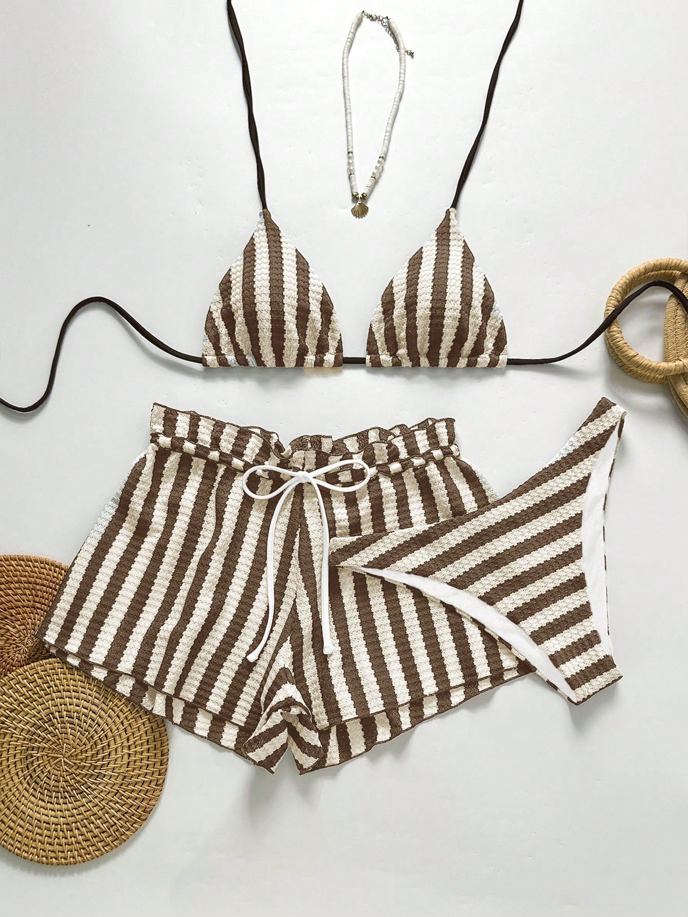 Swim Chiccia Women's Black And White Striped 3 Pieces Beach Set,